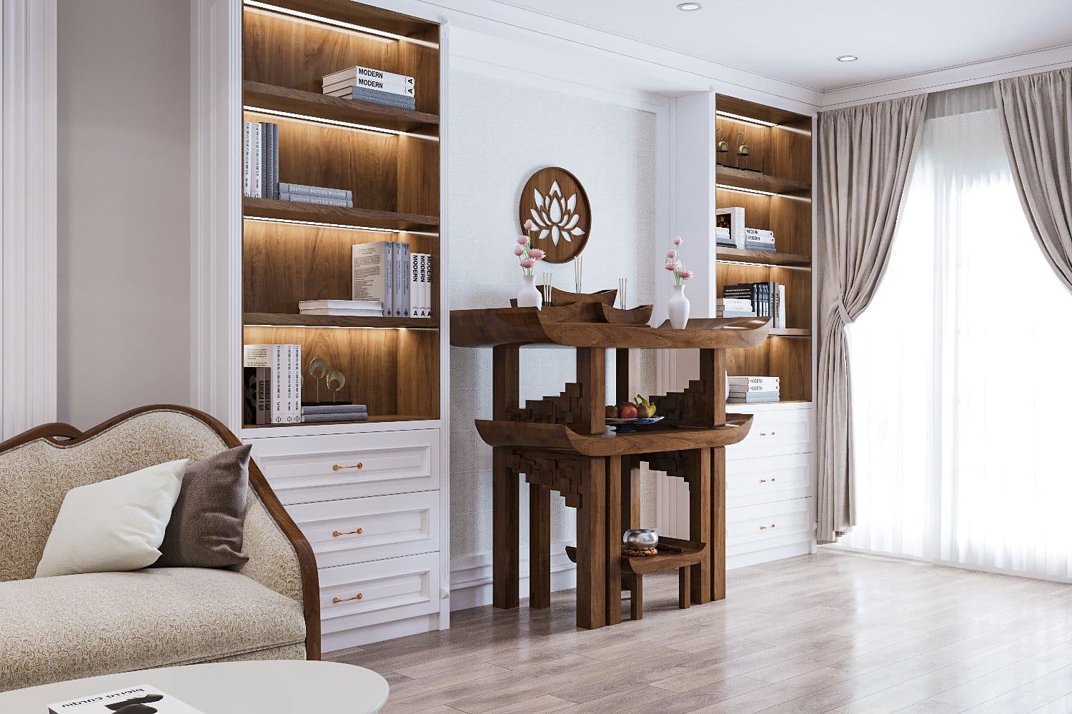 Bàn thờ gia tiên Thiên An màu nâu bách