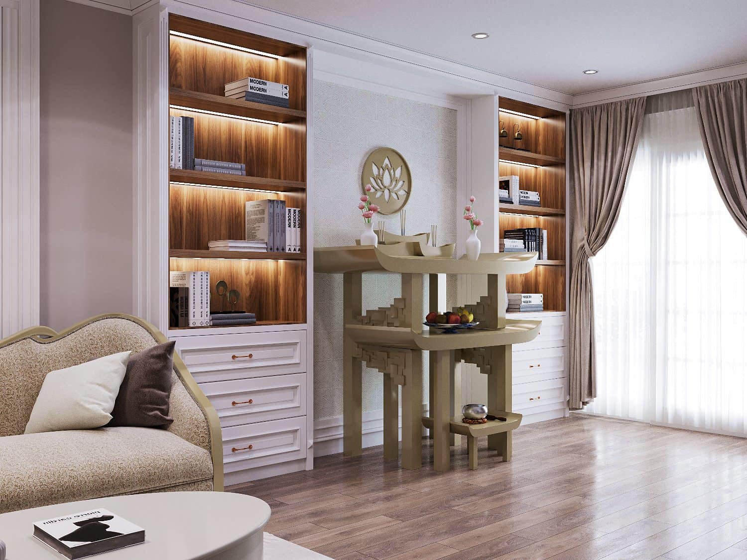 Bàn thờ gia tiên Thiên An màu nâu kim