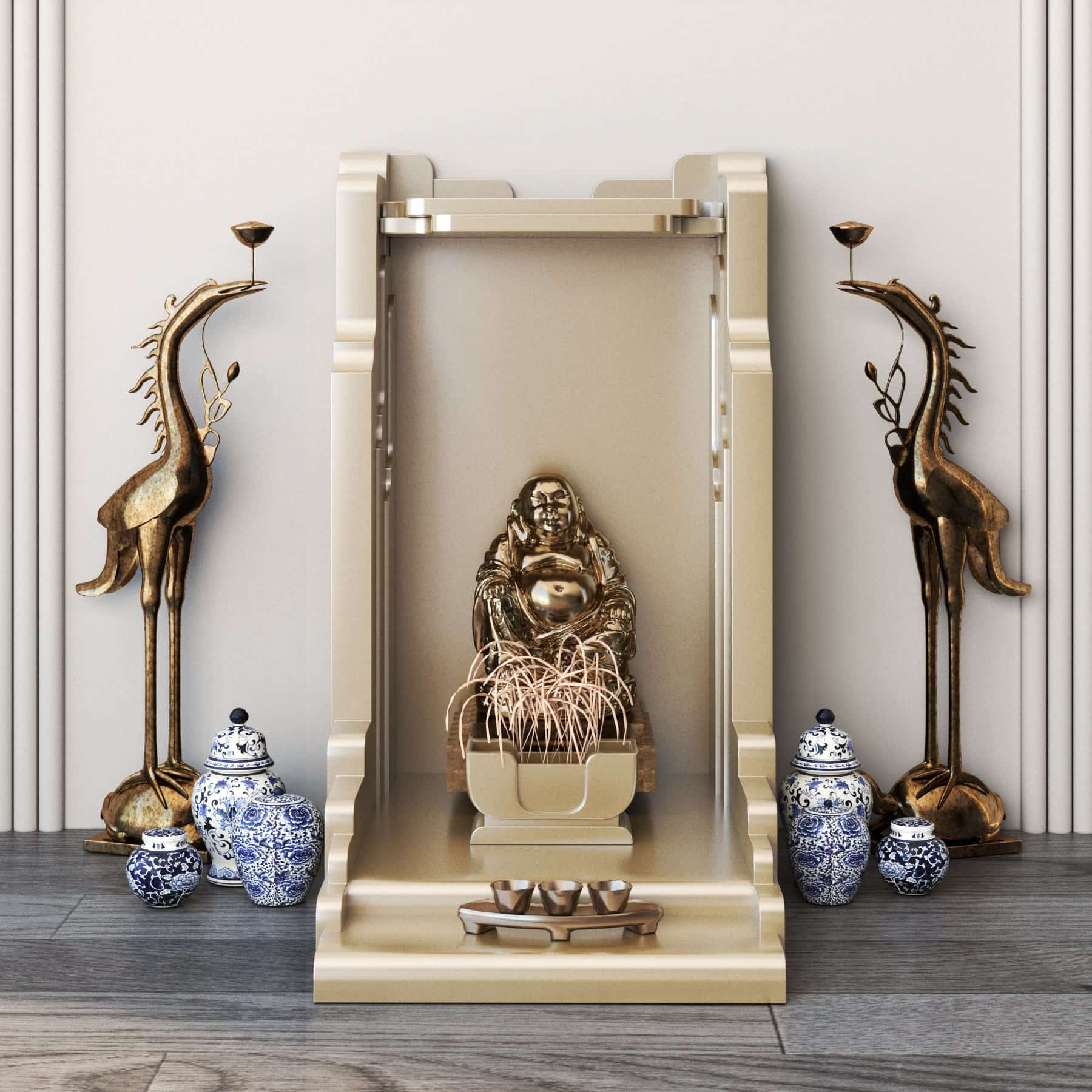 bàn thờ thần tài nghinh sơn mix màu vàng kim