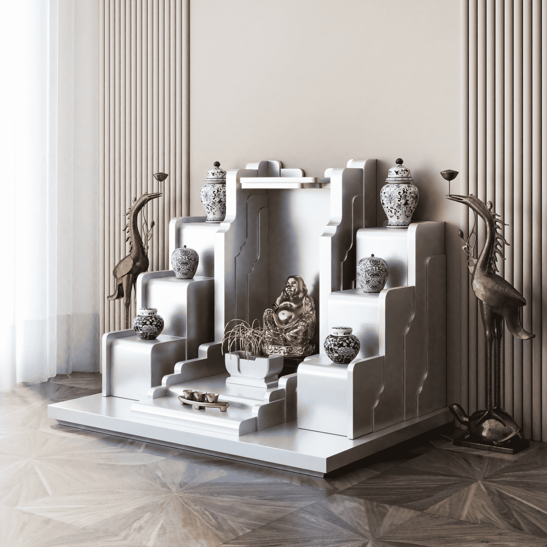 Khung cảnh bàn thờ thần tài tam cấp Nghinh Sơn bạch kim - góc nghiêng