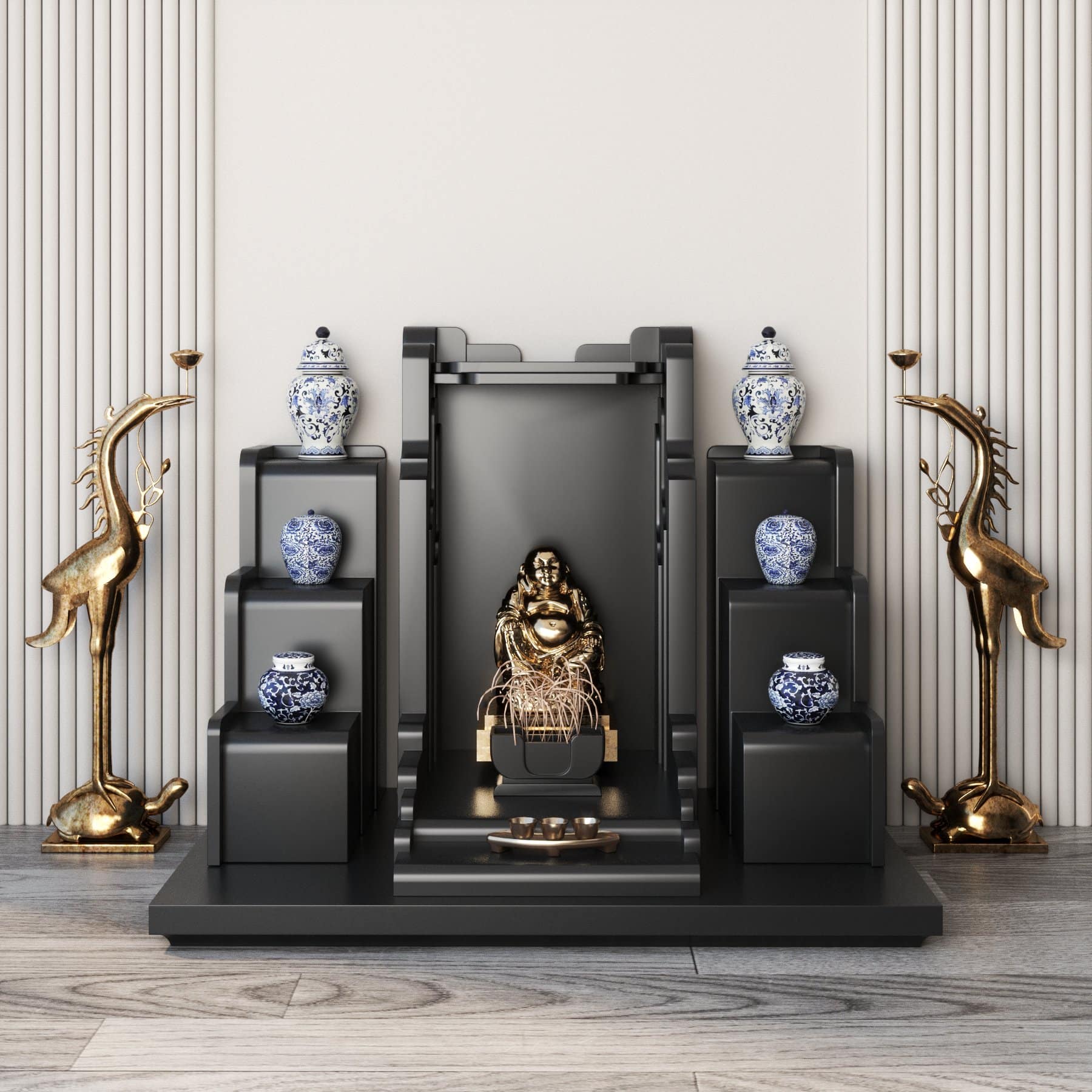 Khung cảnh bàn thờ thần tài tam cấp Nghinh Sơn đen huyền - góc chính diện