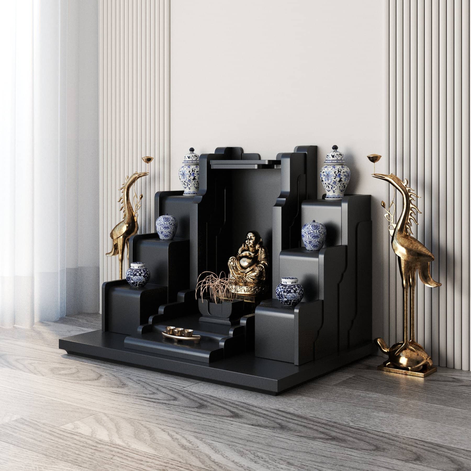 Khung cảnh bàn thờ thần tài tam cấp Nghinh Sơn đen huyền - góc nghiêng