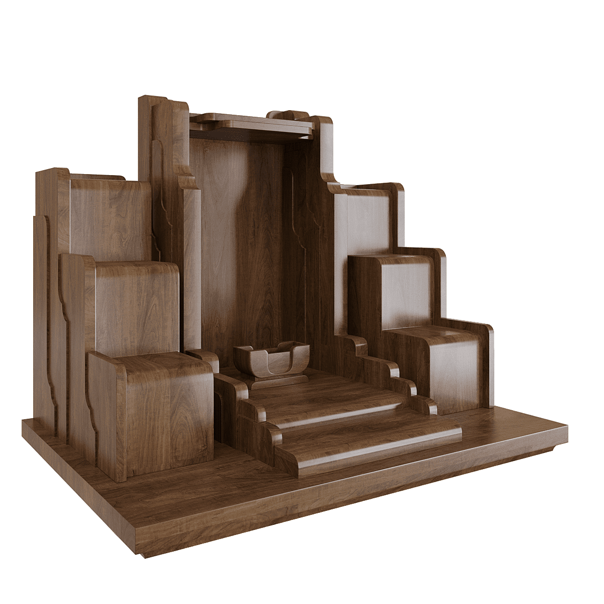 Bàn thờ thần tài tam cấp Nghinh Sơn nâu bách - góc nghiêng