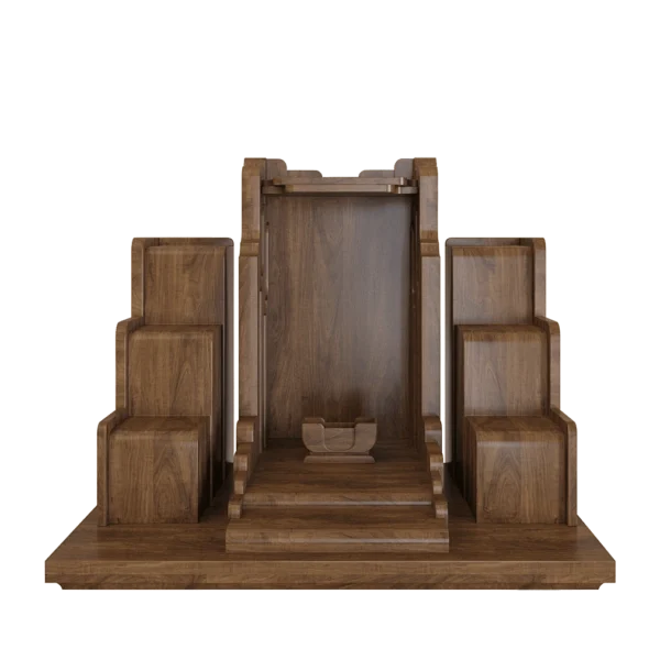 Bàn thờ thần tài tam cấp Nghinh Sơn nâu bách - góc chính diện