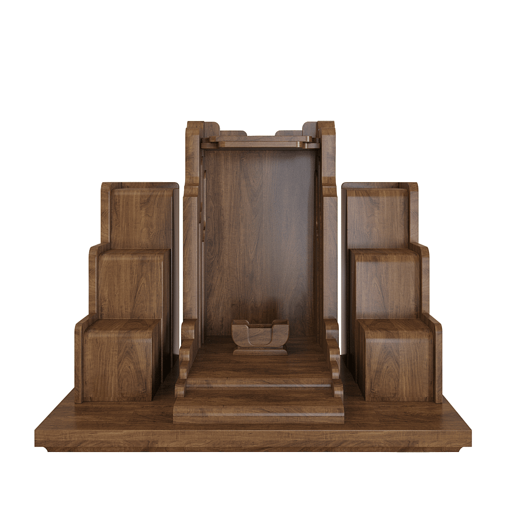 Bàn thờ thần tài tam cấp Nghinh Sơn nâu bách - góc chính diện