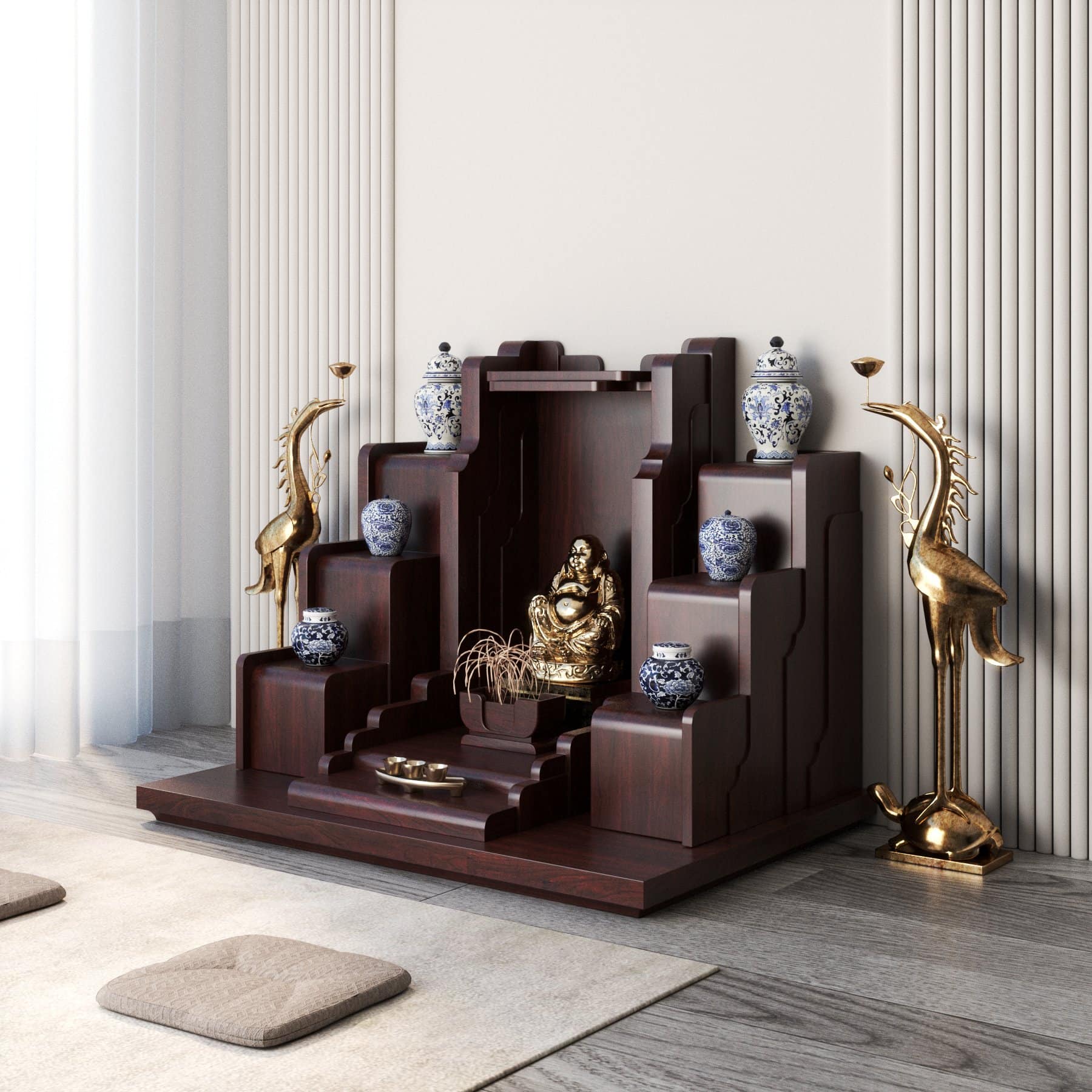 Khung cảnh bàn thờ thần tài tam cấp Nghinh Sơn nâu bách - góc nghiêng