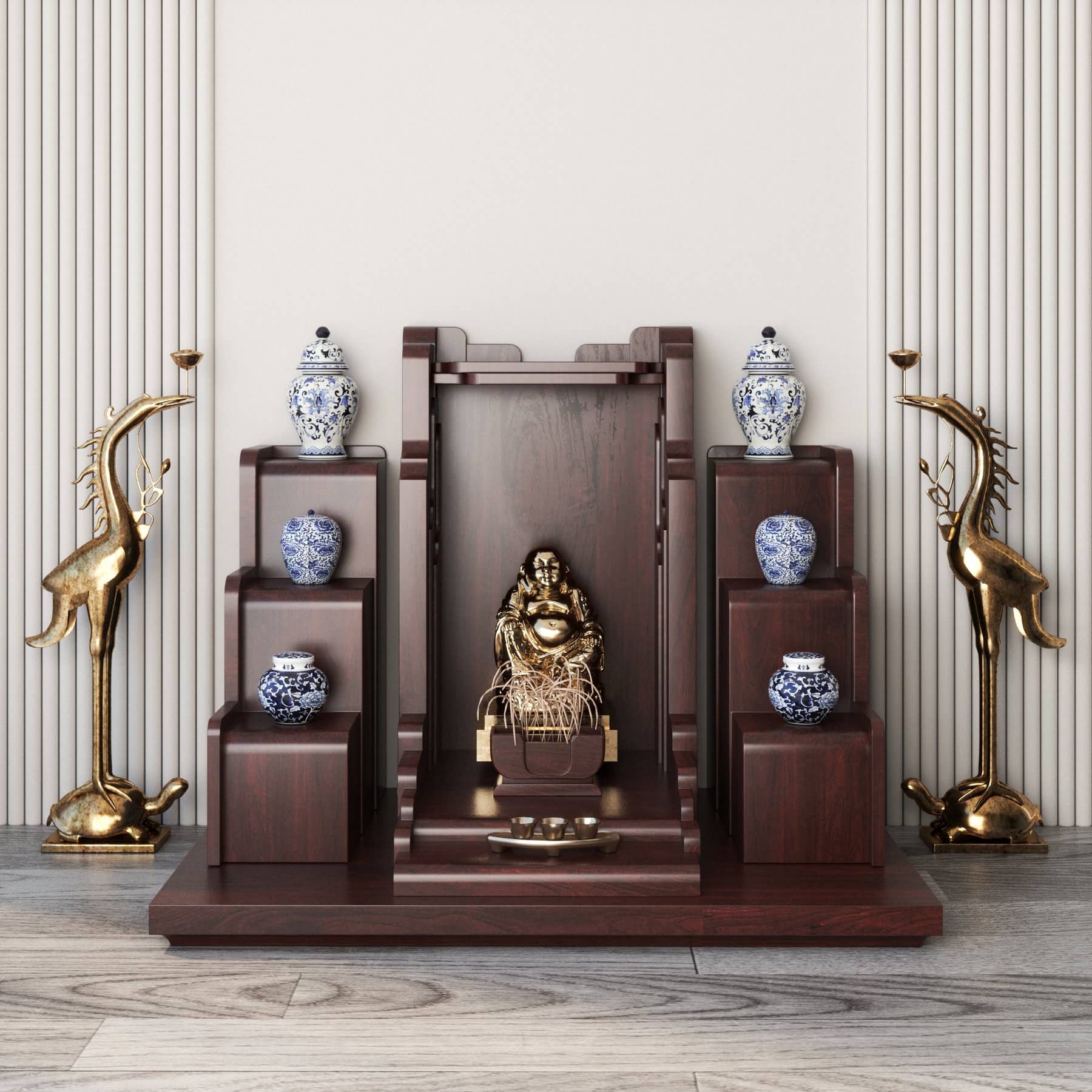 Khung cảnh bàn thờ thần tài tam cấp Nghinh Sơn nâu bách - góc chính diện