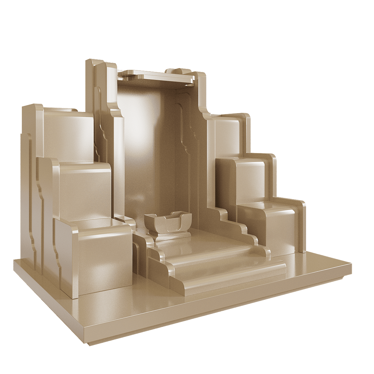 Bàn thờ thần tài tam cấp Nghinh Sơn nâu kim - góc nghiêng