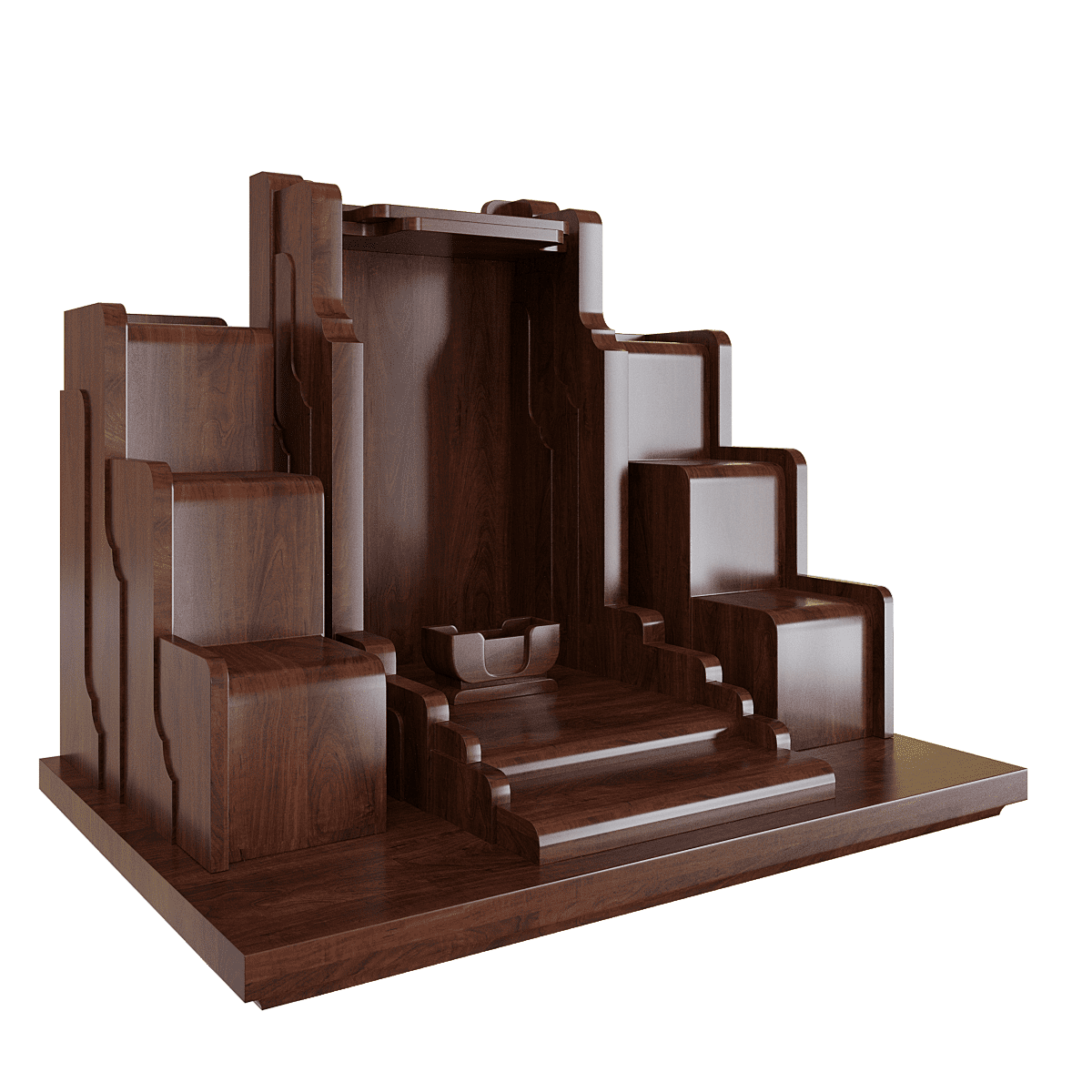 Bàn thờ thần tài tam cấp Nghinh Sơn nâu vang - góc nghiêng