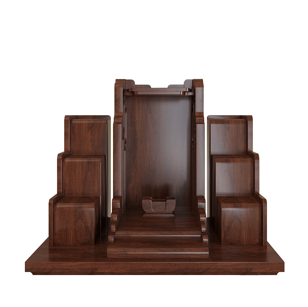 Bàn thờ thần tài tam cấp Nghinh Sơn nâu vang - góc chính diện