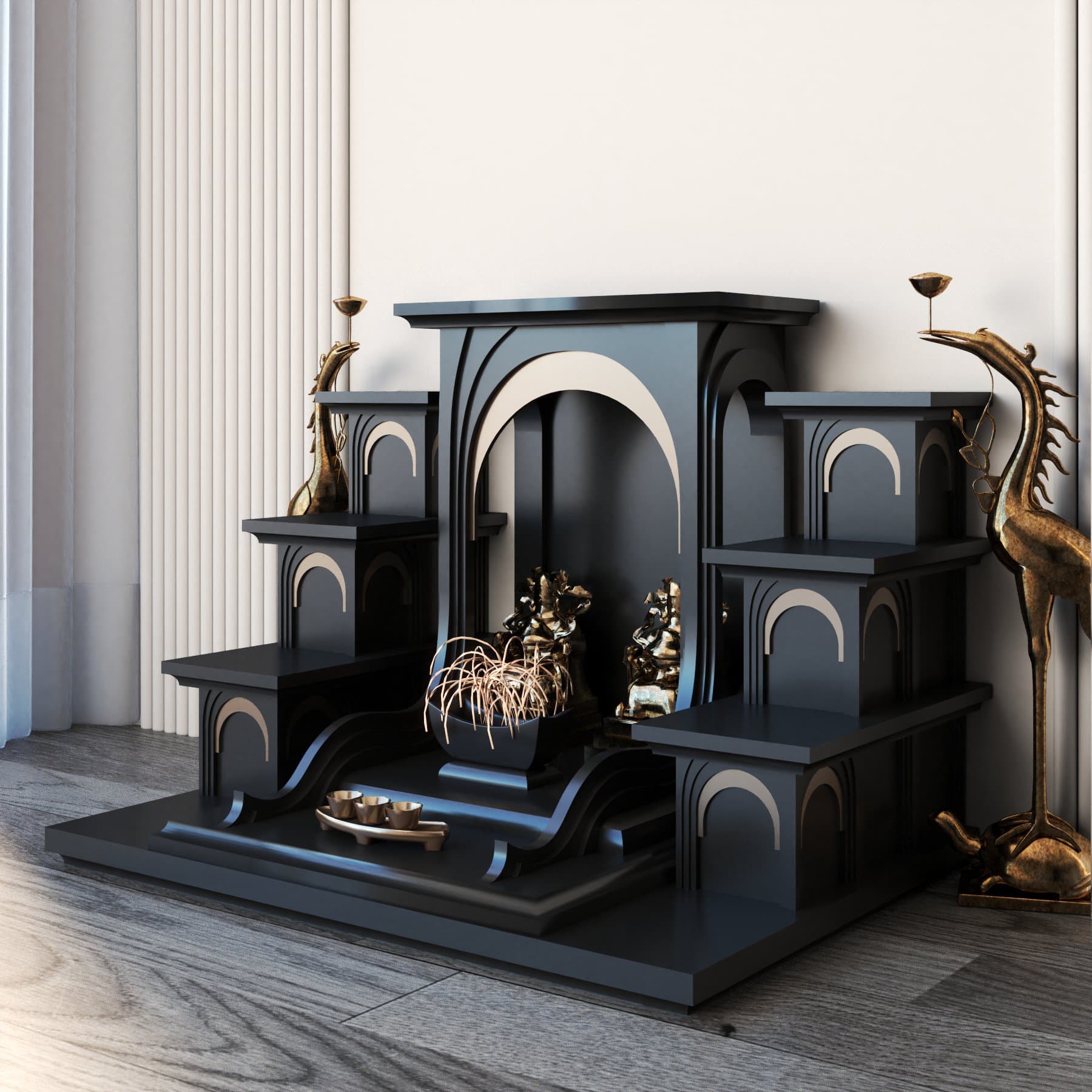 Khung cảnh bàn thờ Thần tài tam cấp Nhật Quang đen huyền