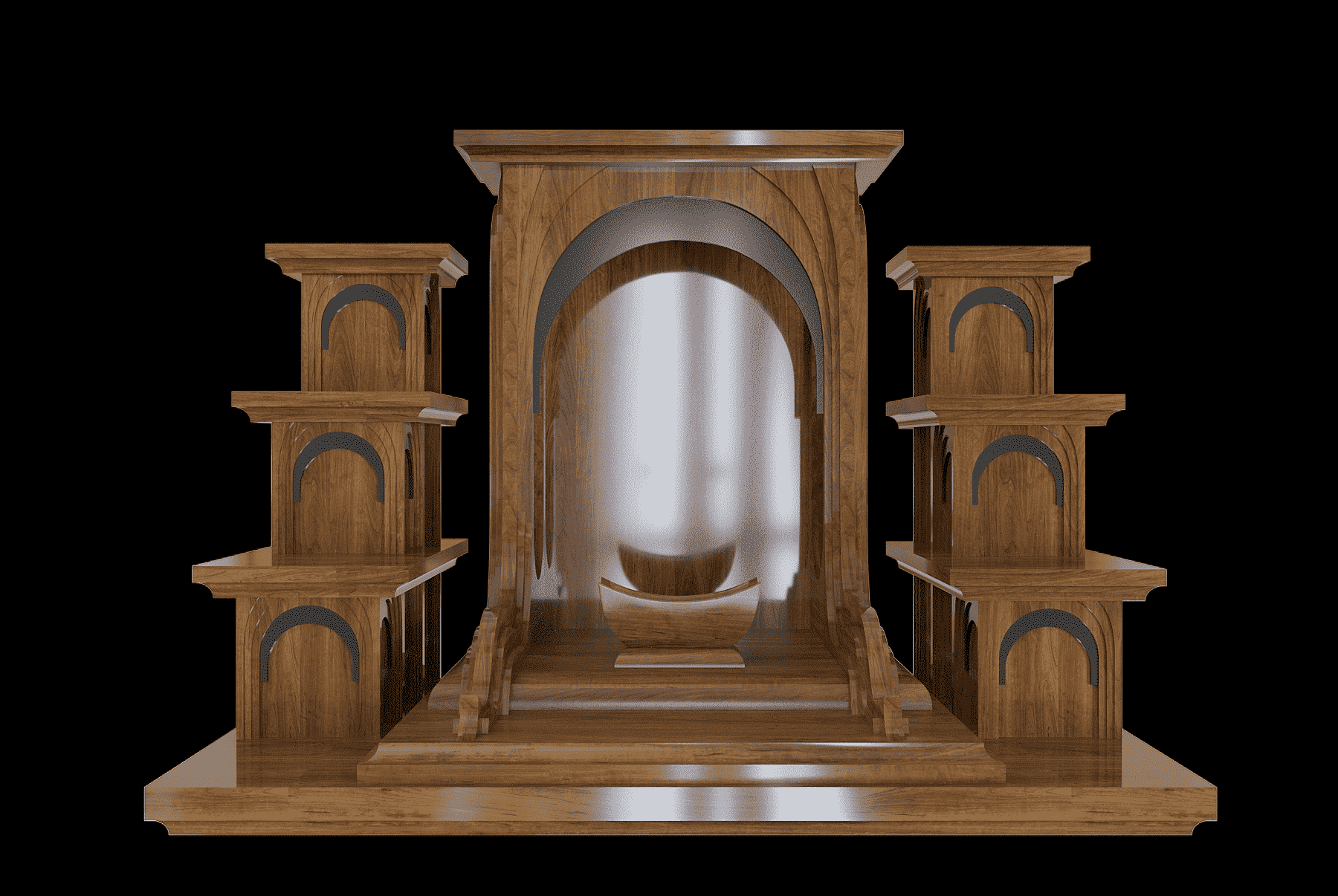 Bàn thờ Thần tài tam cấp Nhật Quang nâu bách góc chính diện