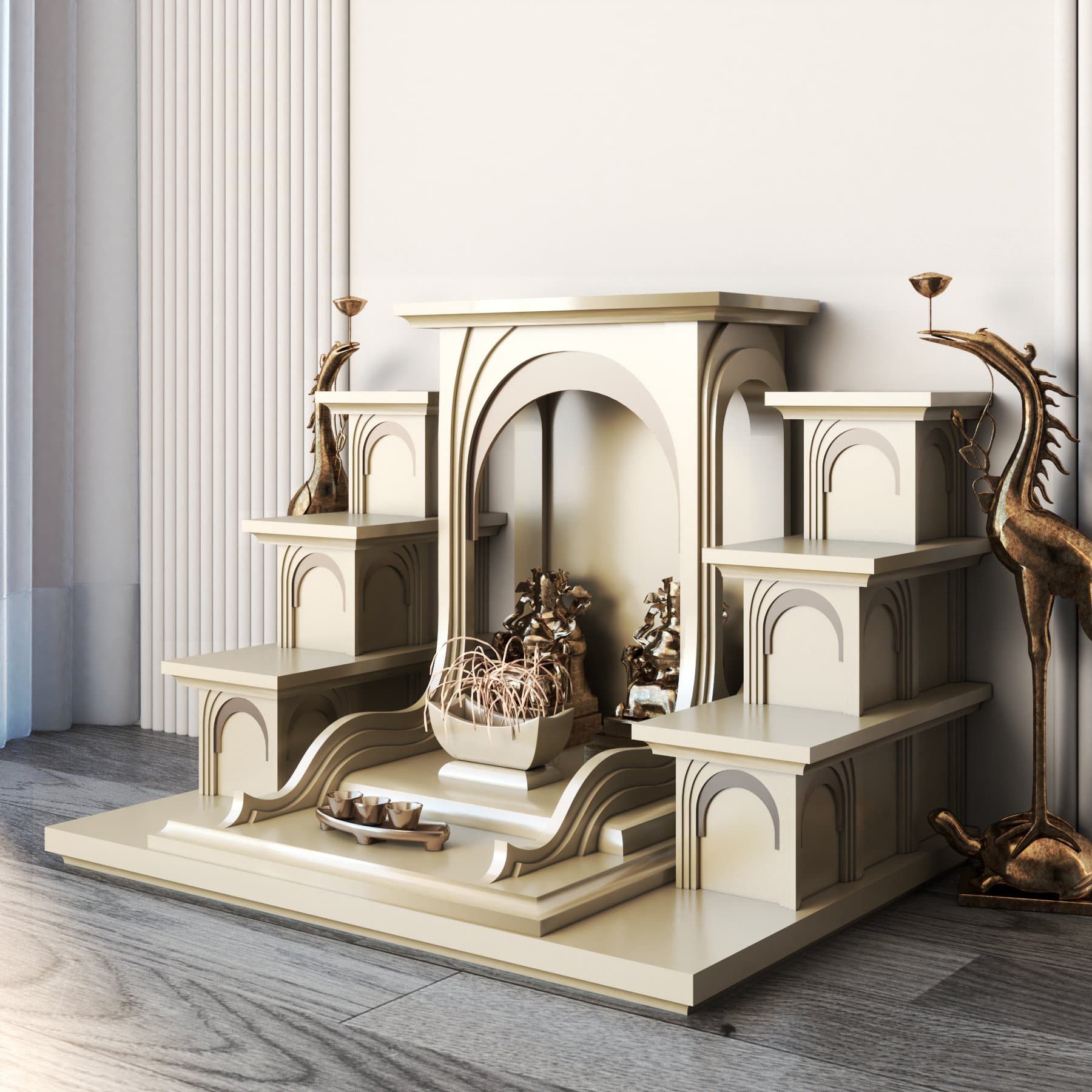 Khung cảnh bàn thờ Thần tài tam cấp Nhật Quang vàng kim