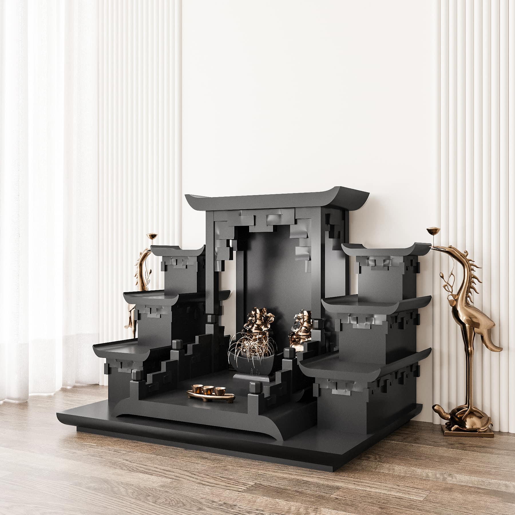 ban-tho-than-tai-tam-cap-thien-an-den-huyen-03 khung cảnh bàn thờ thần tài tam cấp thiên an đen huyền