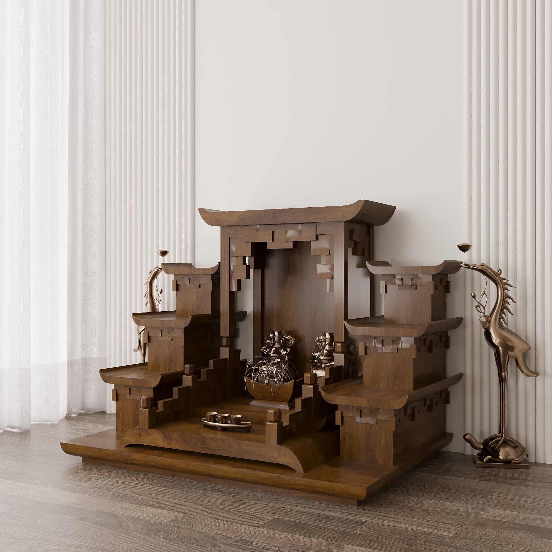 ban-tho-than-tai-tam-cap-thien-an-nau-bach-03 khung cảnh bàn thờ thần tài tam cấp thiên an nâu bách