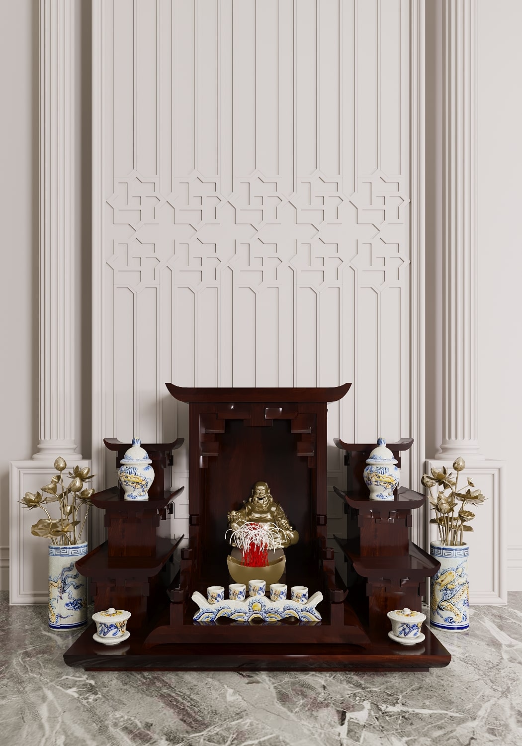 ban-tho-than-tai-tam-cap-thien-an-nau-vang-03 khung cảnh bàn thờ thần tài tam cấp thiên an nâu vang góc chính diện