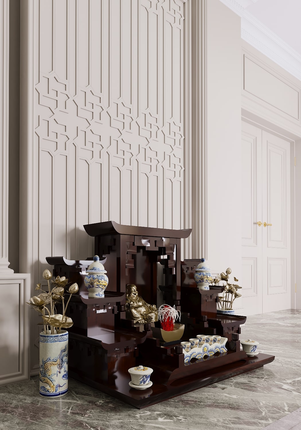 ban-tho-than-tai-tam-cap-thien-an-nau-vang-04 khung cảnh bàn thờ thần tài tam cấp thiên an nâu vang góc nghiêng