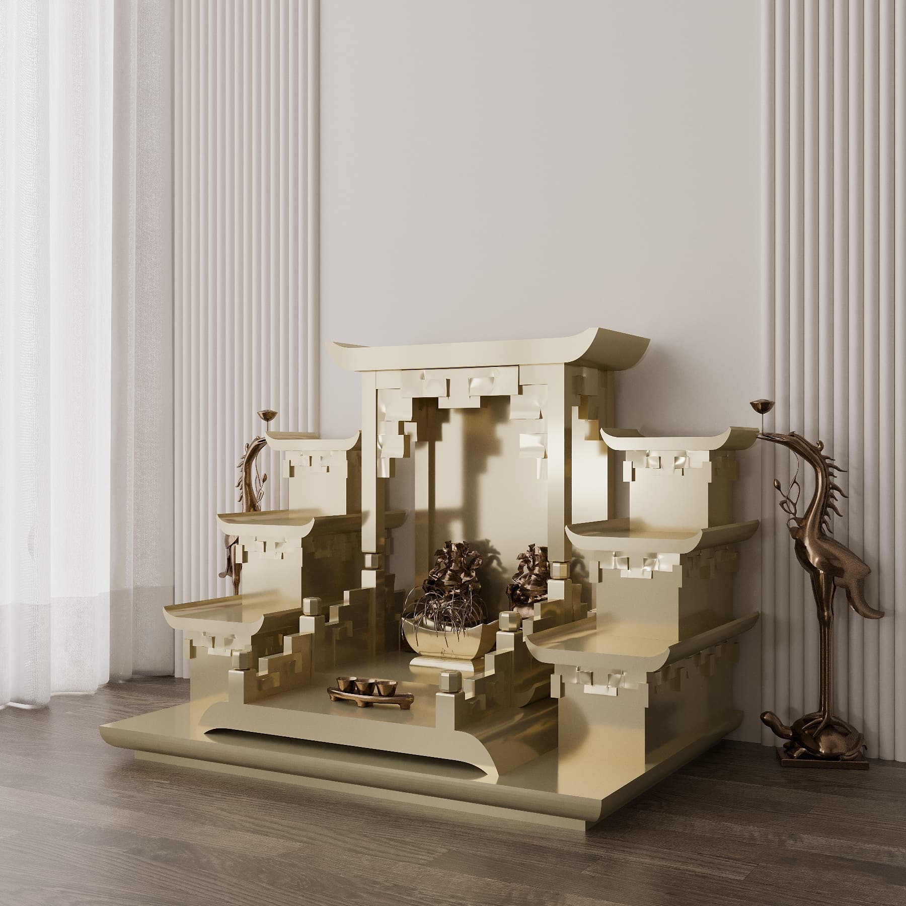 ban-tho-than-tai-tam-cap-thien-an-vang-kim-03 khung cảnh bàn thờ thần tài tam cấp thiên an vàng kim