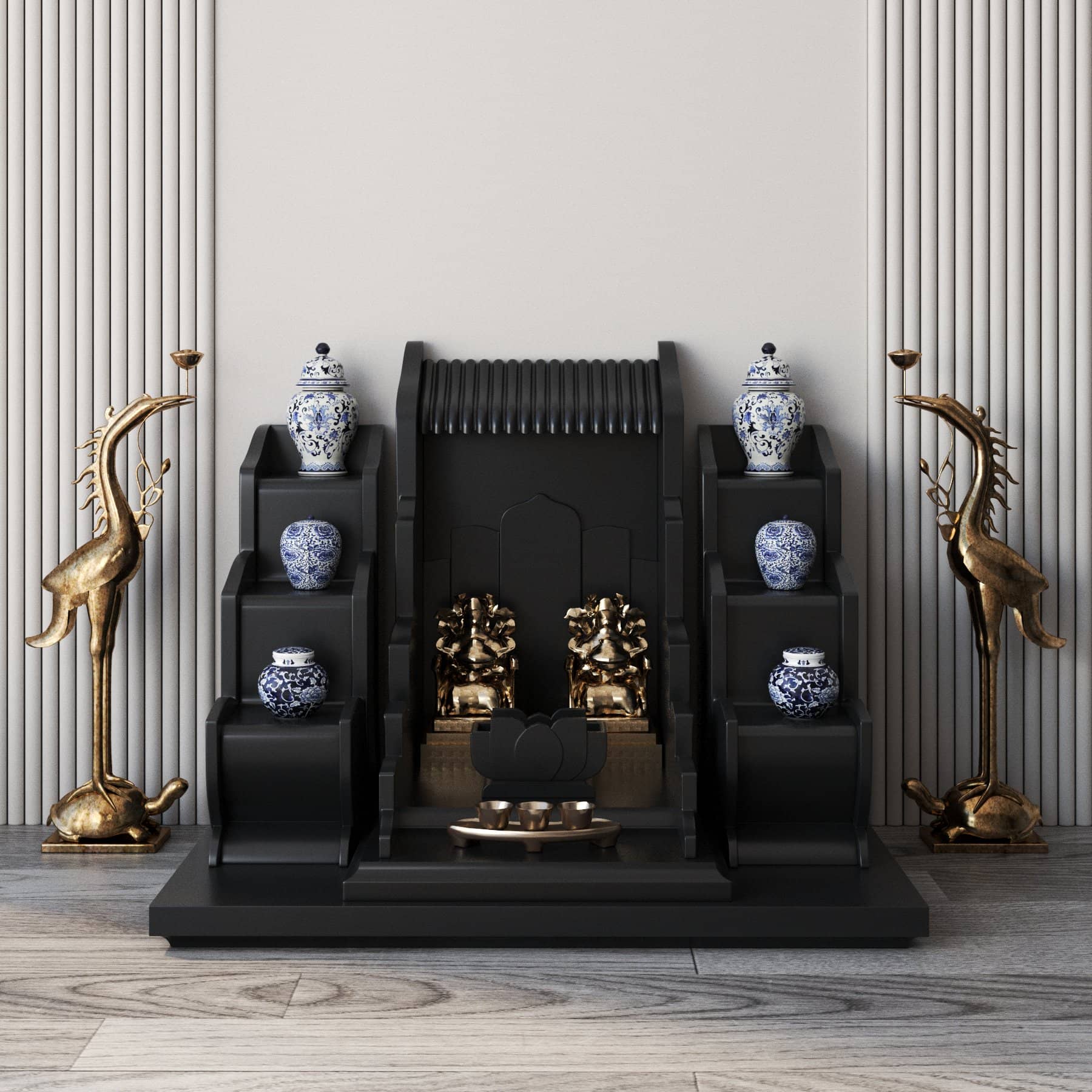 khung cảnh bàn thờ thần tài tam cấp vạn liên đen huyền góc chính diện