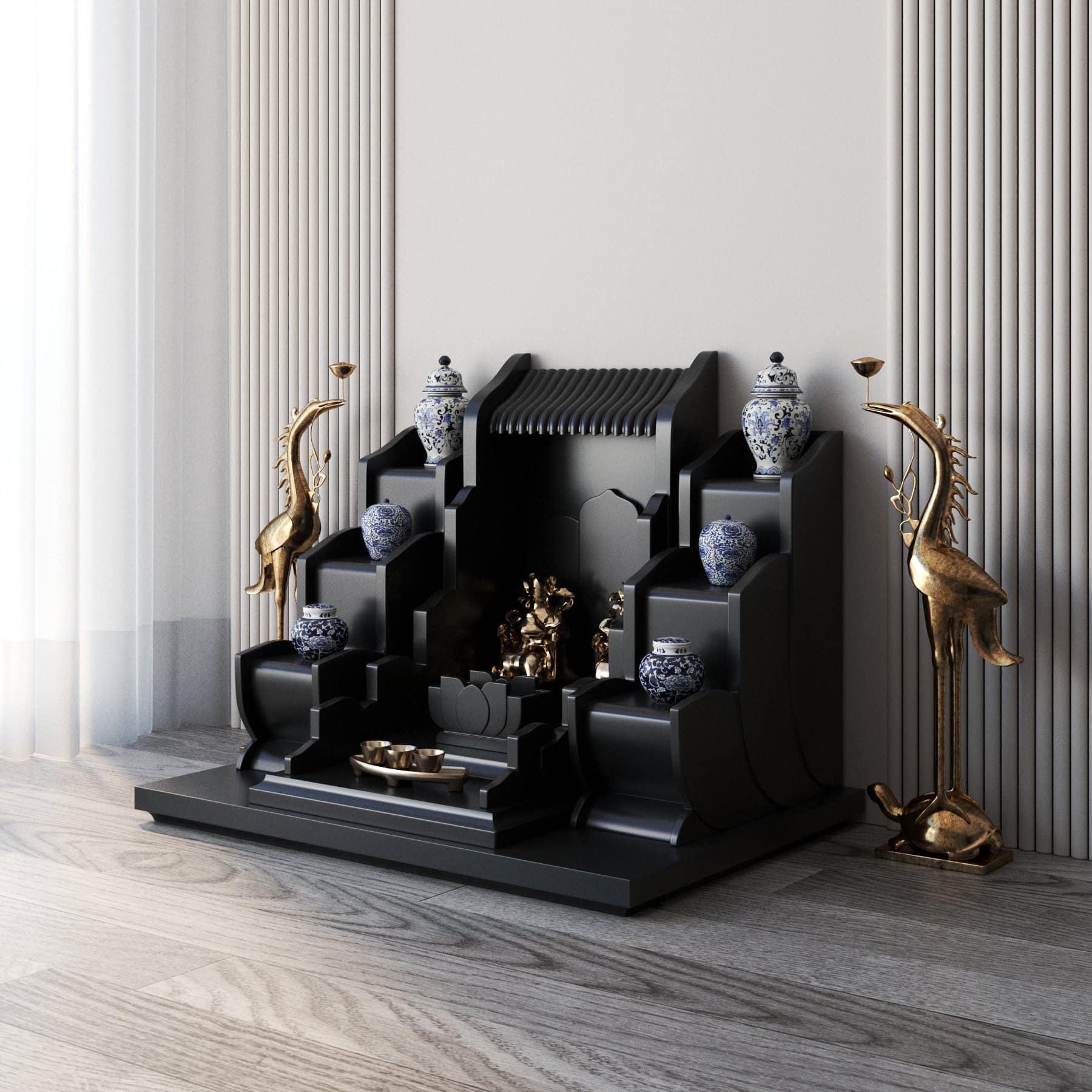 khung cảnh bàn thờ thần tài tam cấp vạn liên đen huyền góc nghiêng