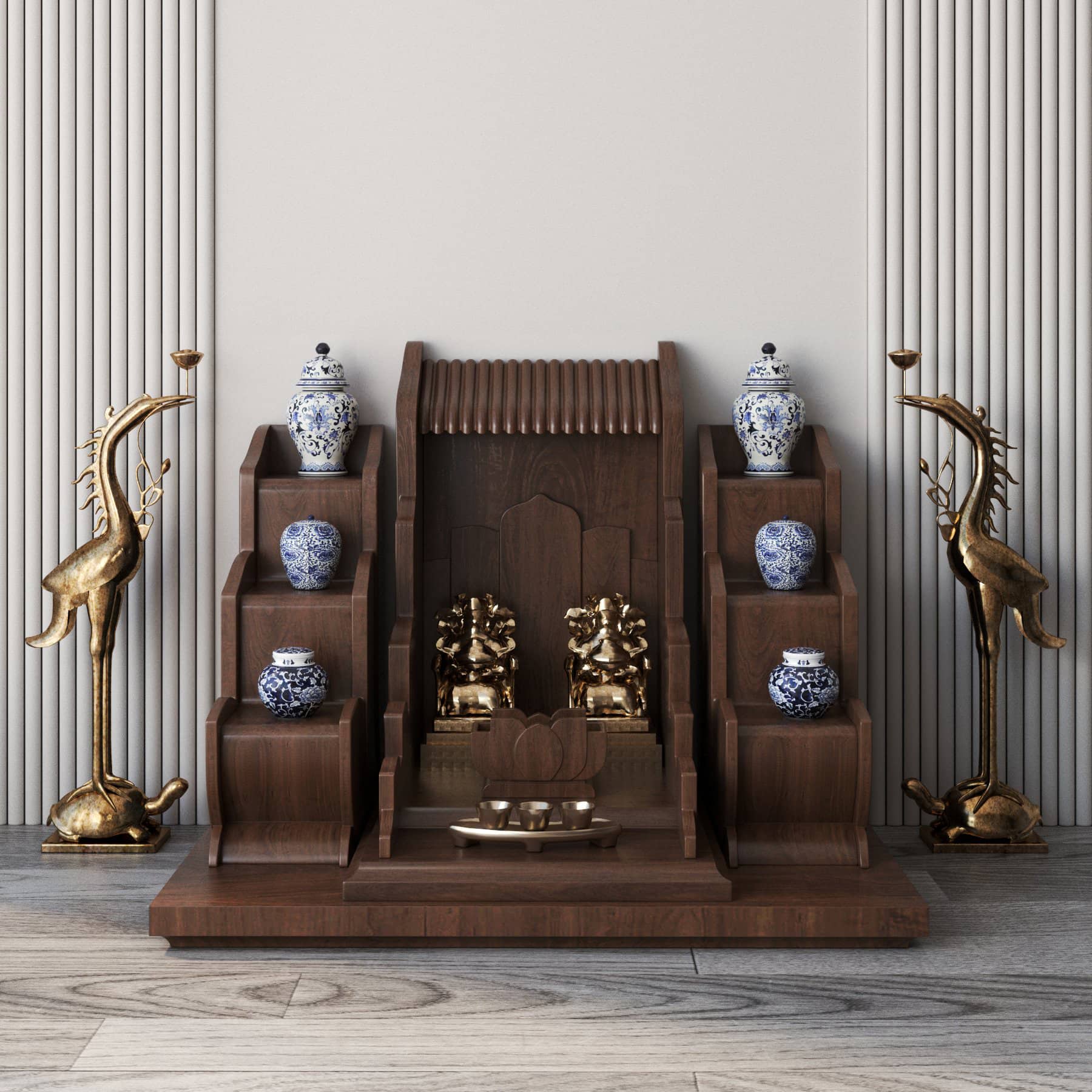 khung cảnh bàn thờ thần tài tam cấp vạn liên nâu bách góc chính diện