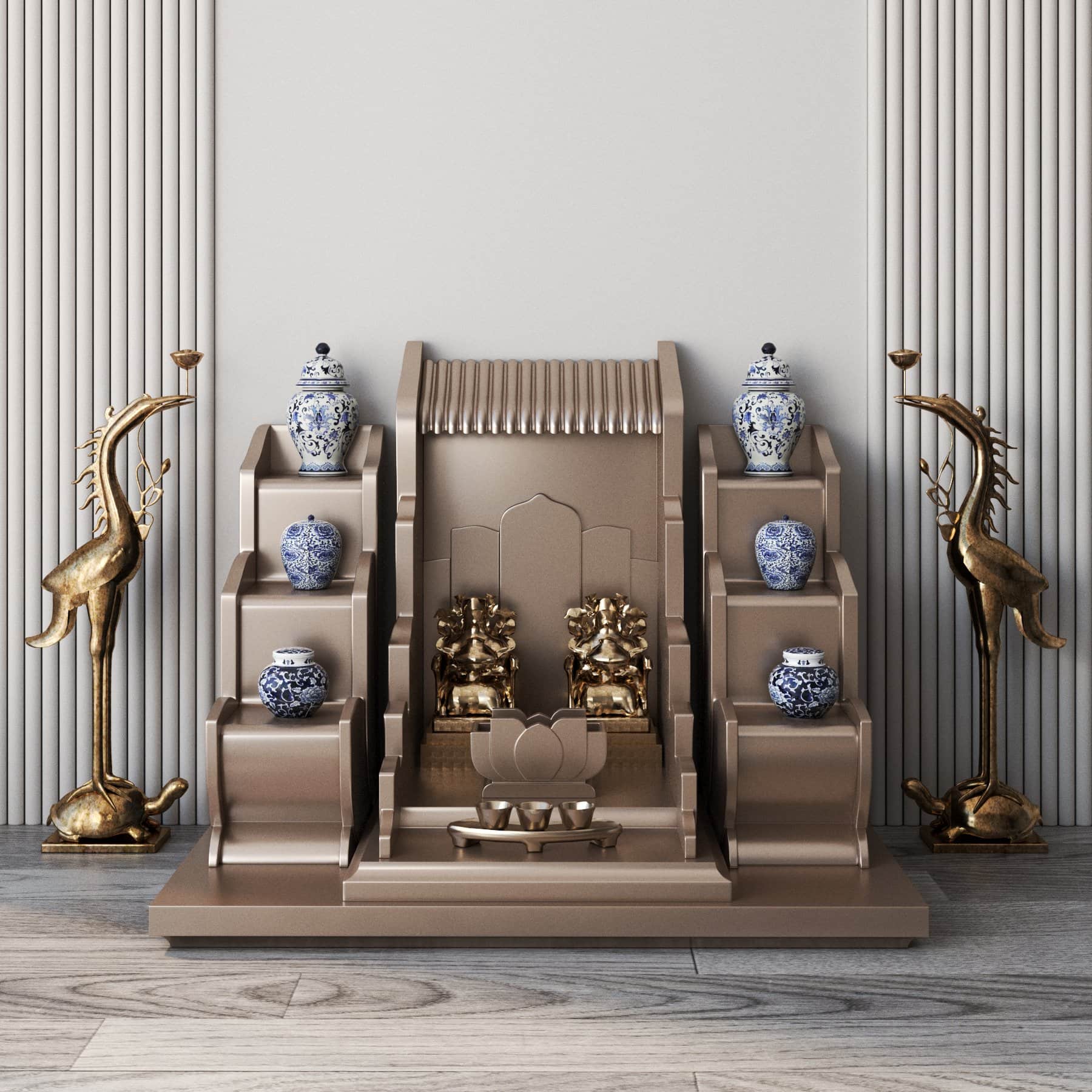 khung cảnh bàn thờ thần tài tam cấp vạn liên nâu kim góc chính diện