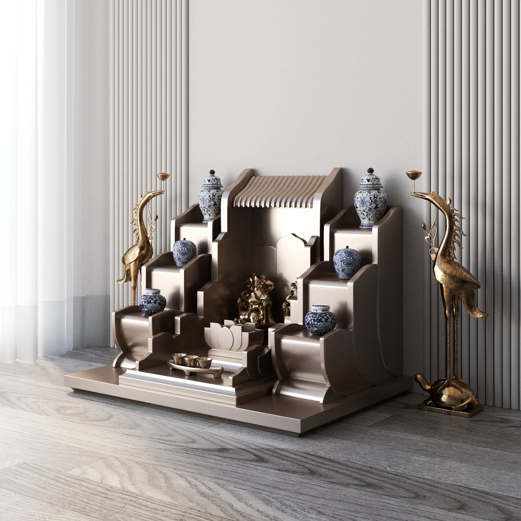 khung cảnh bàn thờ thần tài tam cấp vạn liên nâu kim góc nghiêng