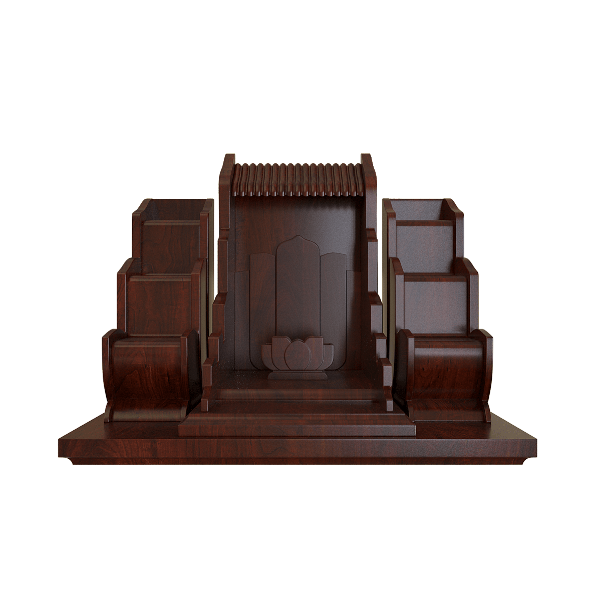 bàn thờ thần tài tam cấp vạn liên nâu vang góc chính diện