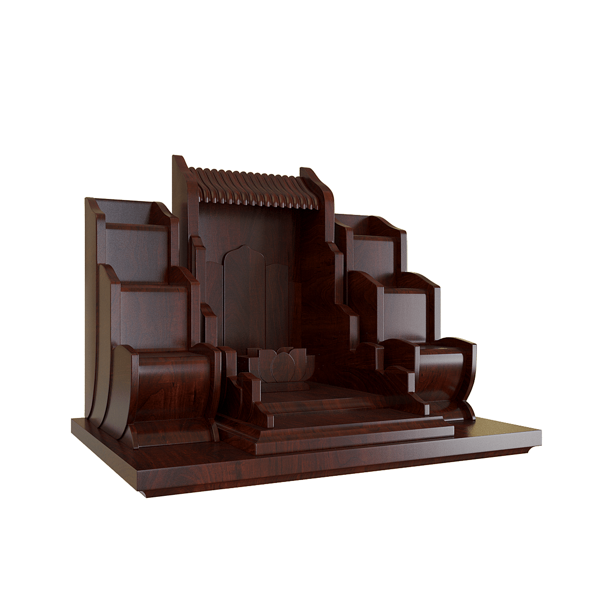 bàn thờ thần tài tam cấp vạn liên nâu vang góc nghiêng