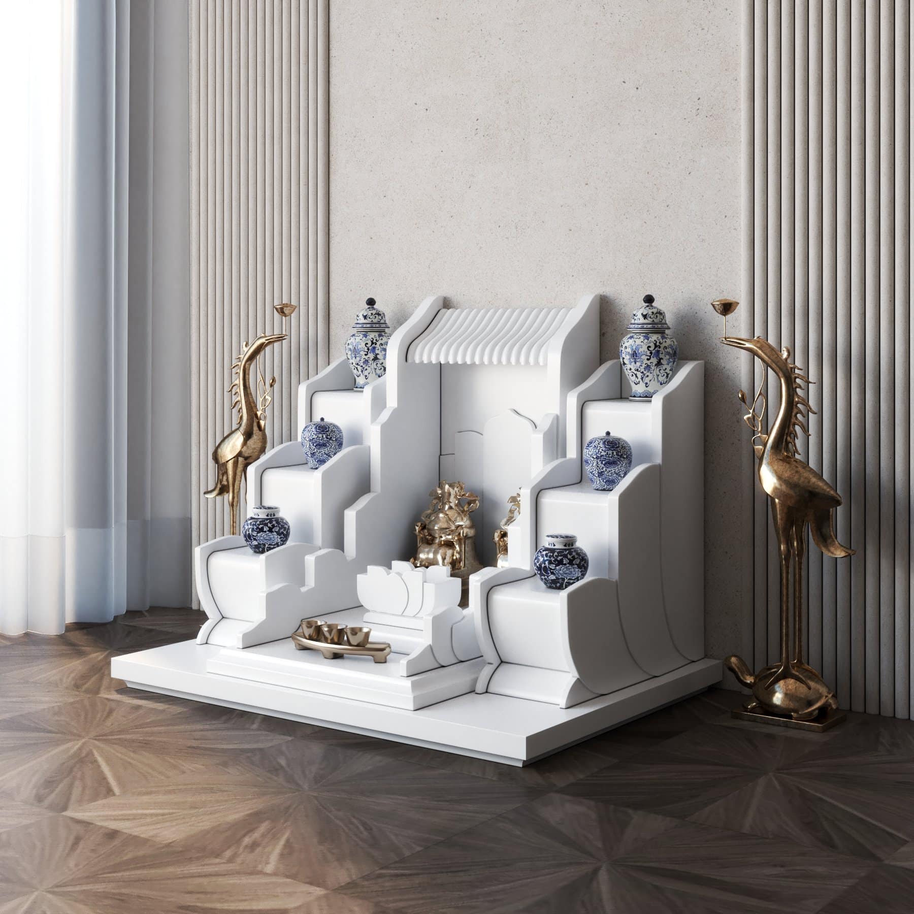 khung cảnh bàn thờ thần tài tam cấp vạn liên trắng tuyết góc nghiêng