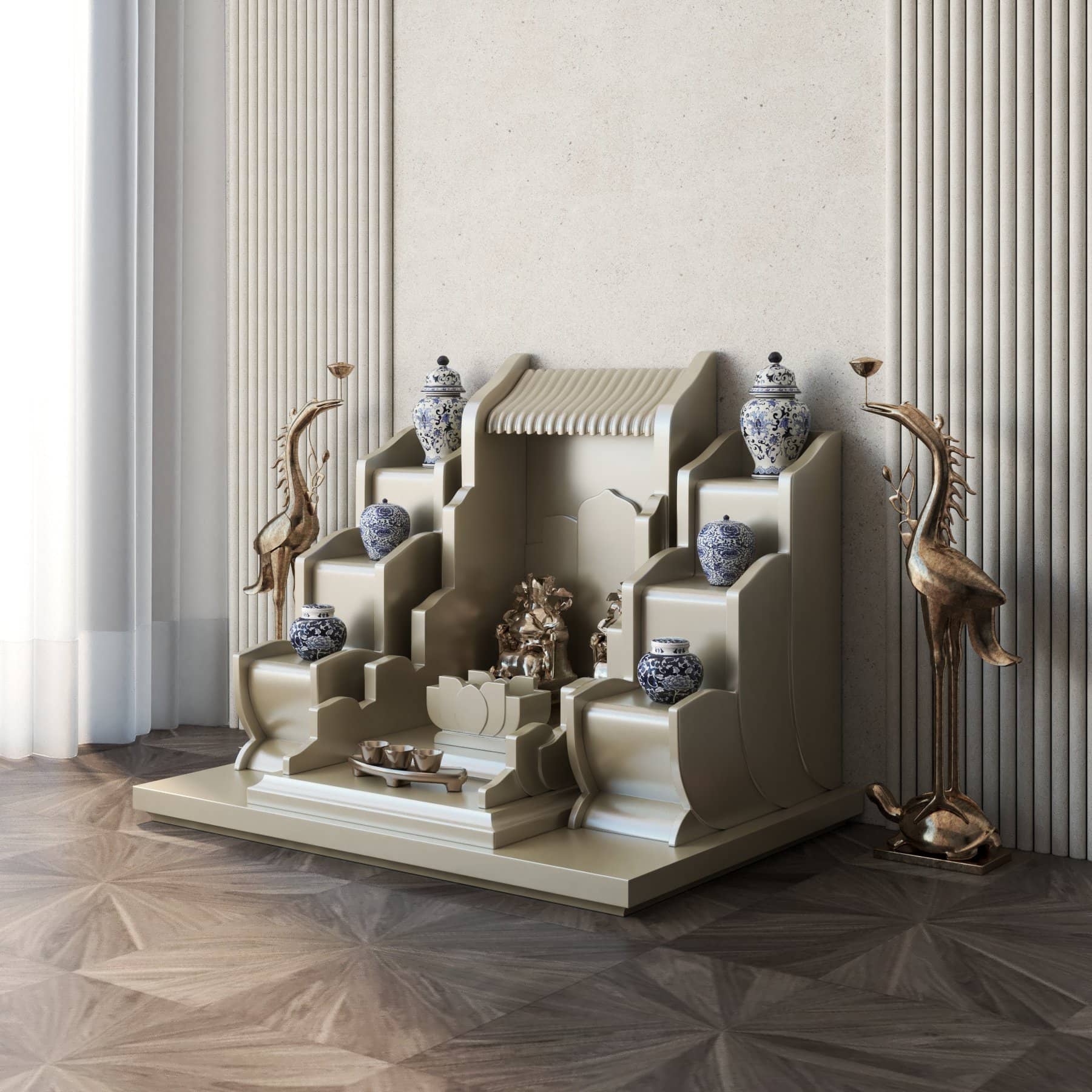 khung cảnh bàn thờ thần tài tam cấp vạn liên vàng kim góc nghiêng