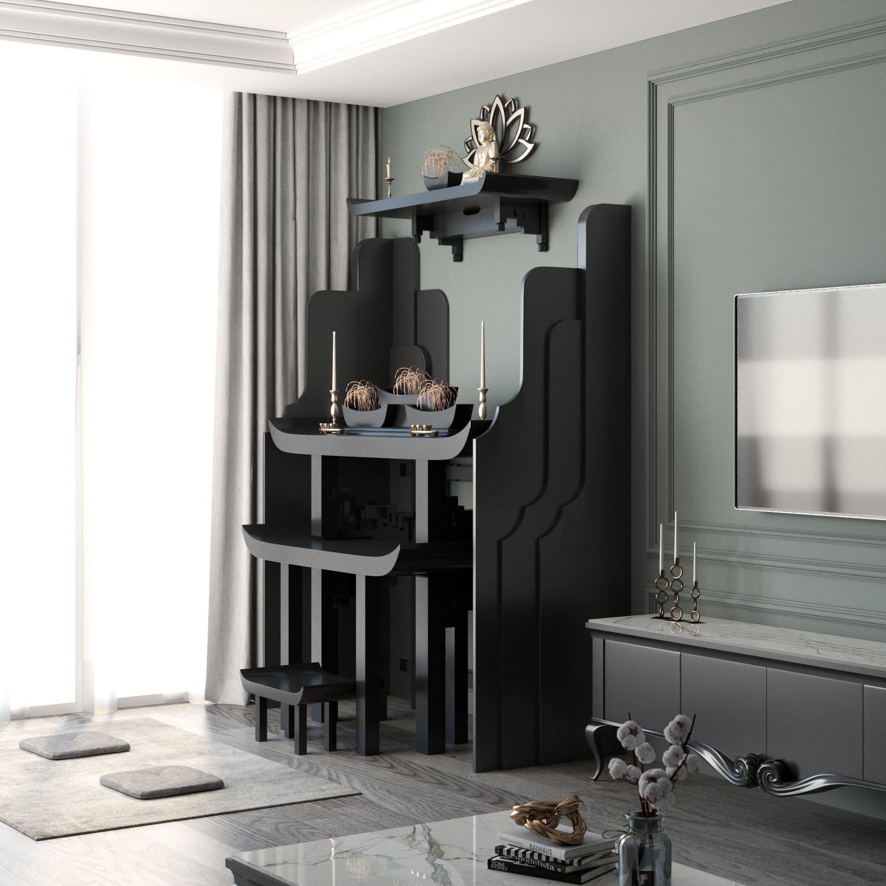 khung cảnh vách bàn thờ nghinh sơn đen huyền