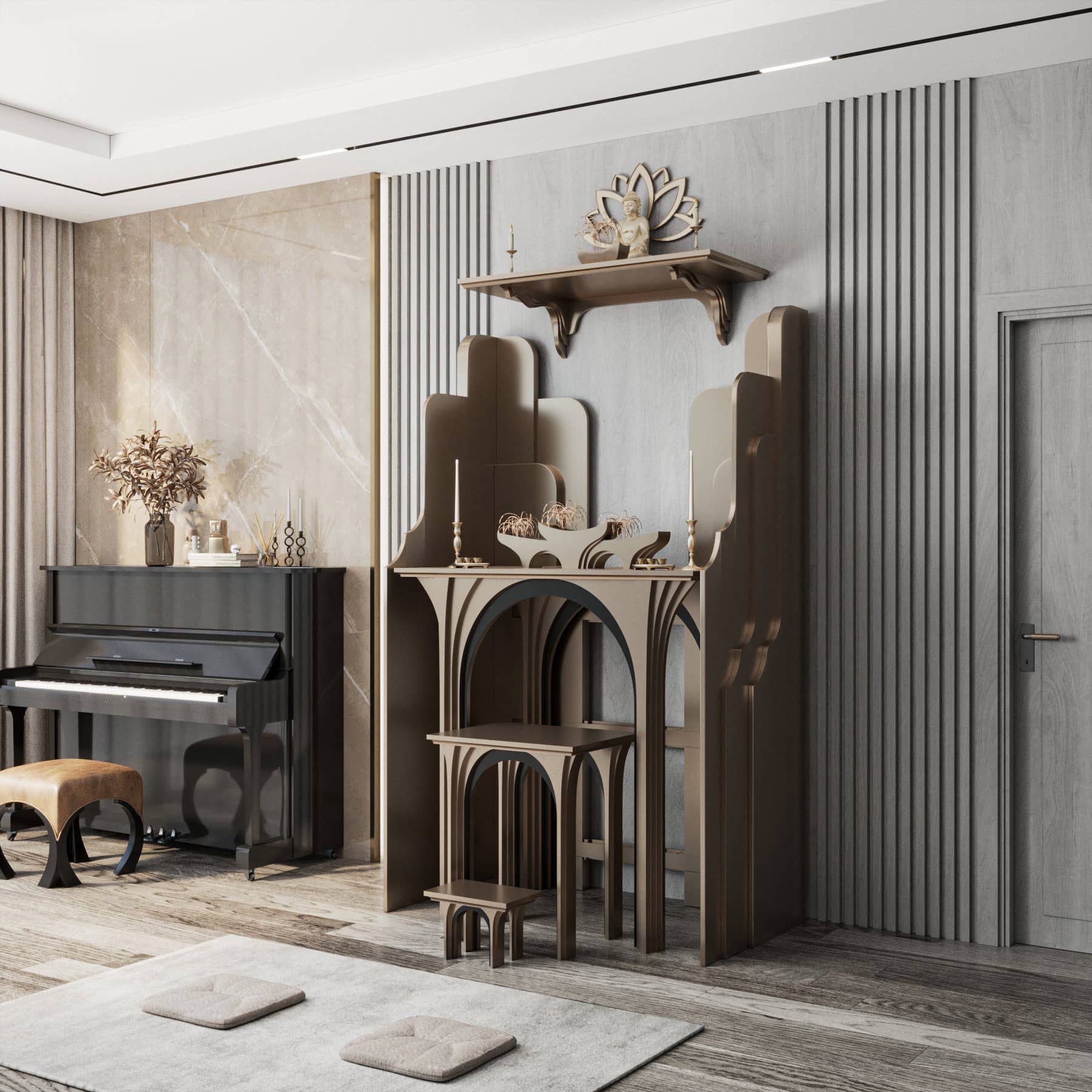 khung cảnh vách bàn thờ nghinh sơn và bàn thờ gia tiên nhật quang nâu kim