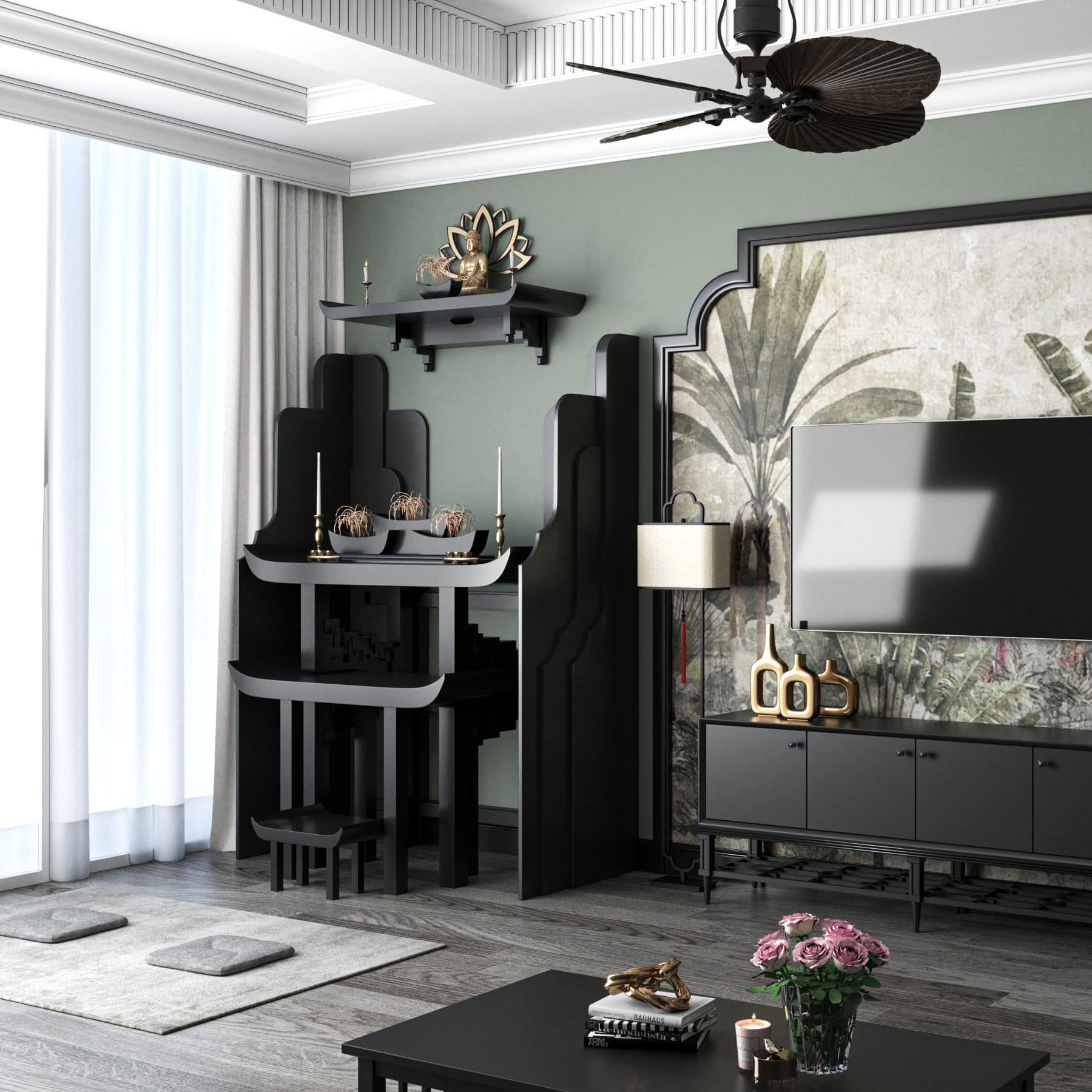 khung cảnh vách bàn thờ nghinh sơn đen huyền hẹp