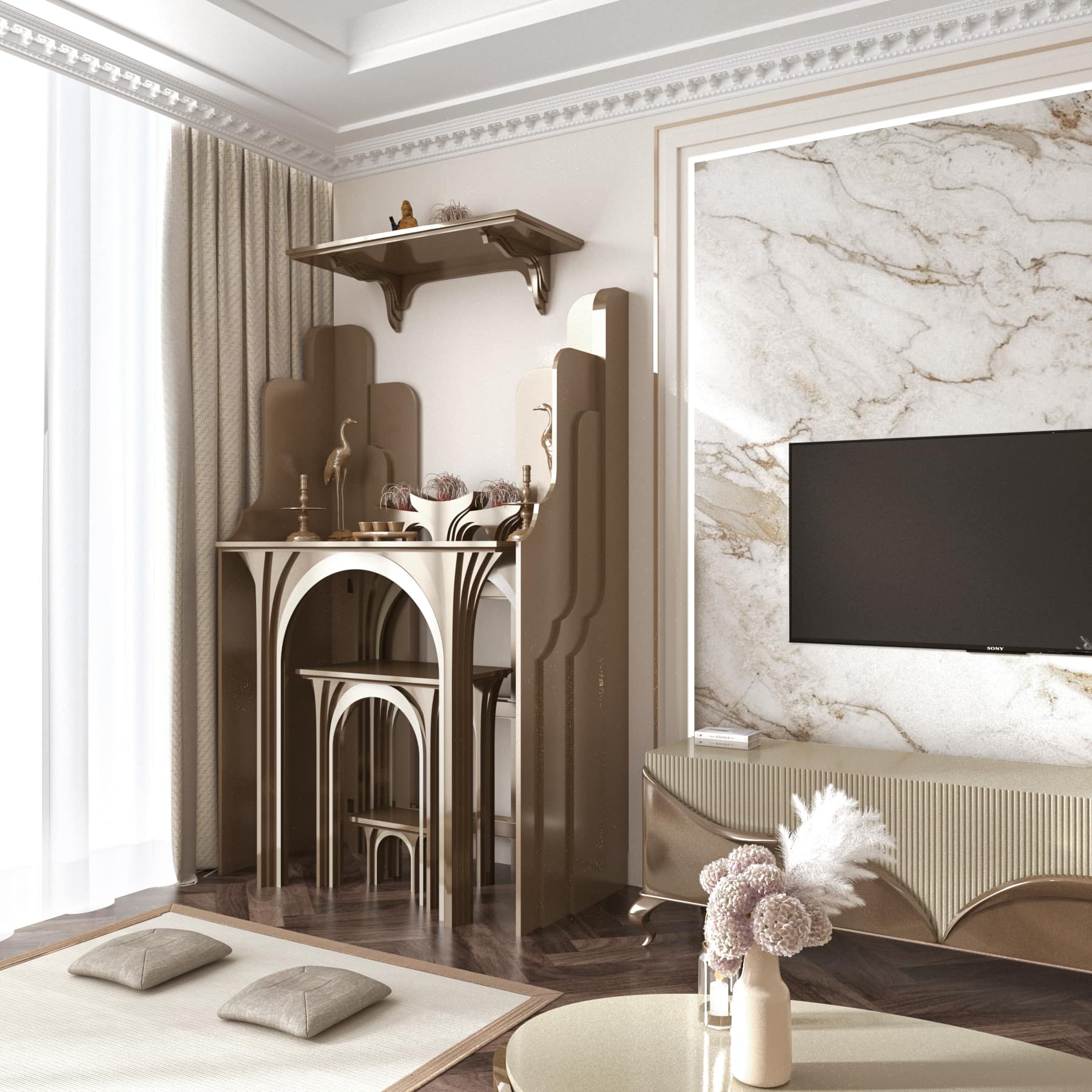 khung cảnh vách bàn thờ nghinh sơn và bàn thờ gia tiên nhật quang vàng kim