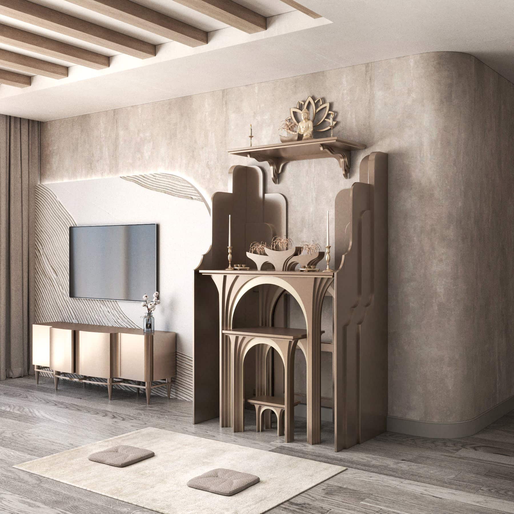 khung cảnh vách bàn thờ nghinh sơn và bàn thờ gia tiên nhật quang nâu kim 2