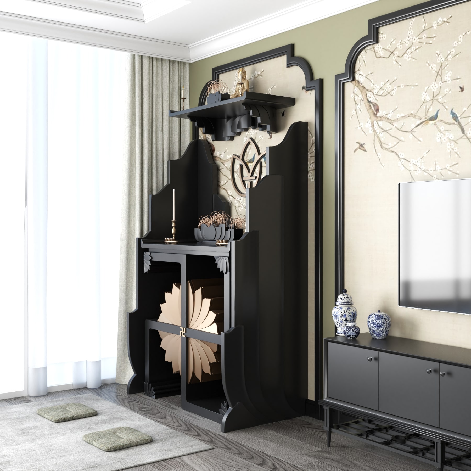 vach-ban-tho-van-lien-den-huyen-03 Khung cảnh vách bàn thờ Vạn Liên - bàn thờ gia tiên Vạn Liên góc nghiêng