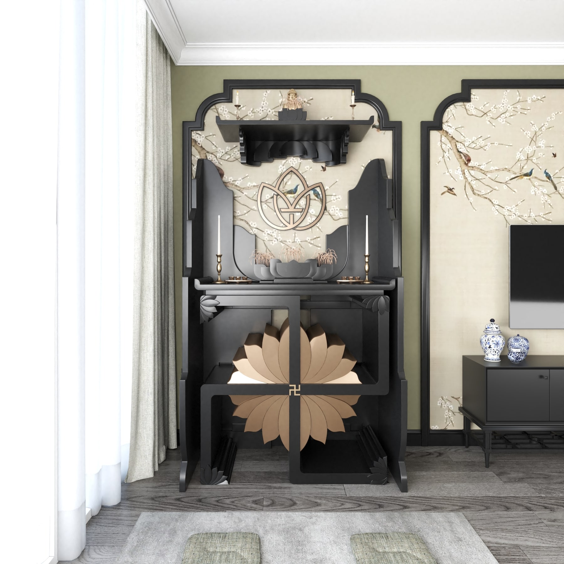 vach-ban-tho-van-lien-den-huyen-04 Khung cảnh vách bàn thờ Vạn Liên - bàn thờ gia tiên Vạn Liên góc chính diện