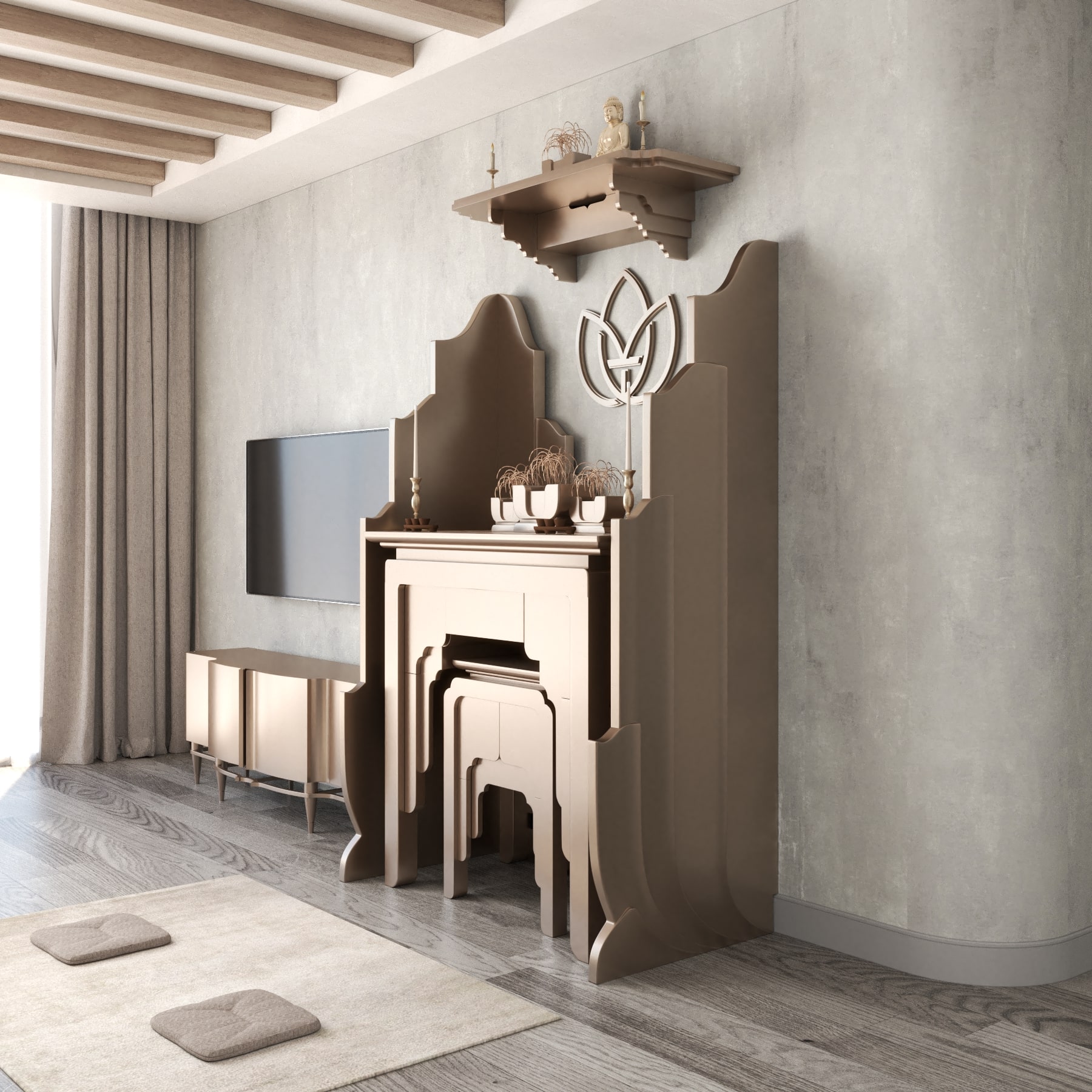 vach-ban-tho-van-lien-nau-kim-05 Khung cảnh vách bàn thờ Vạn Liên - bàn thờ gia tiên Nghinh Sơn góc nghiêng