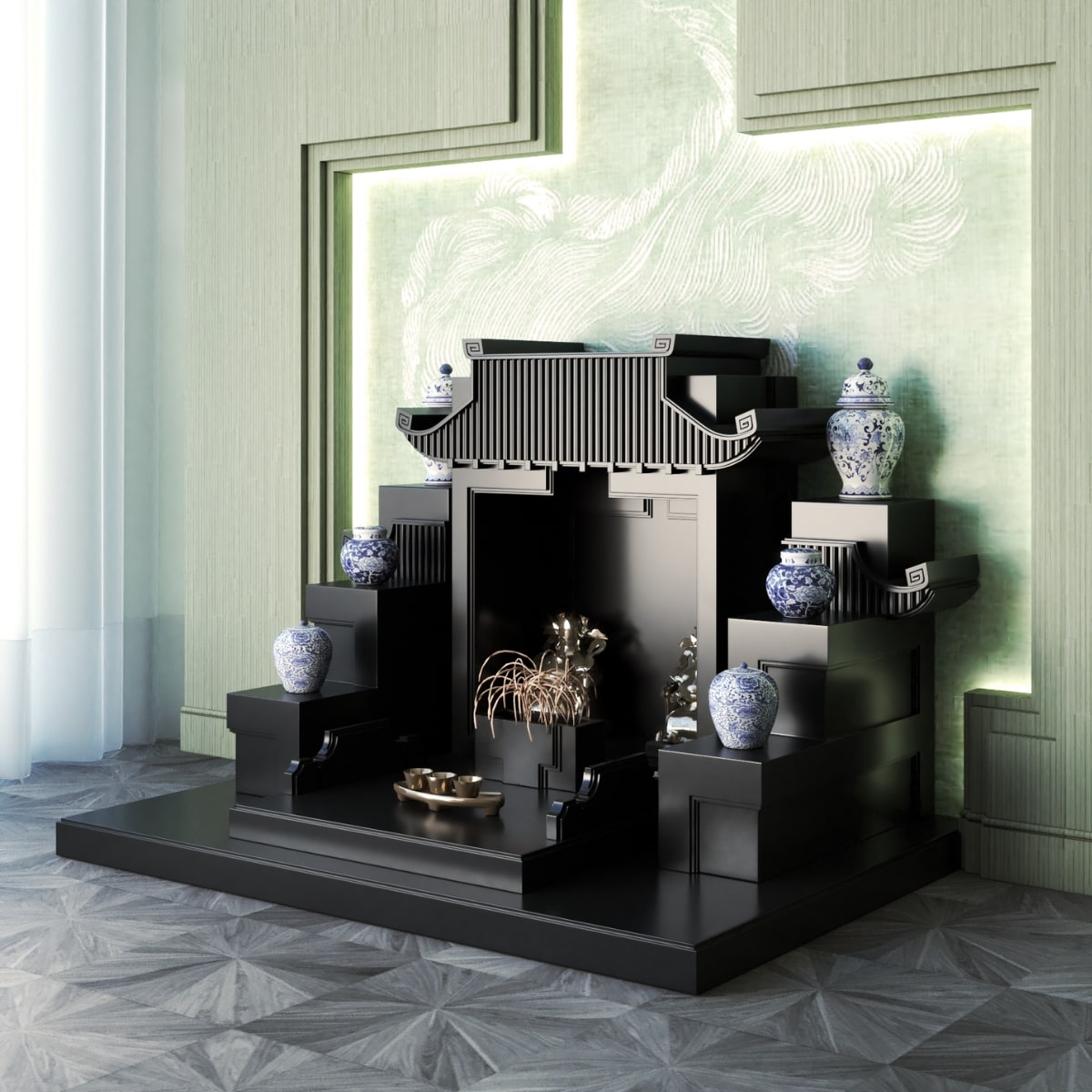 Khung cảnh bàn thờ tam cấp mãn đường đen huyền