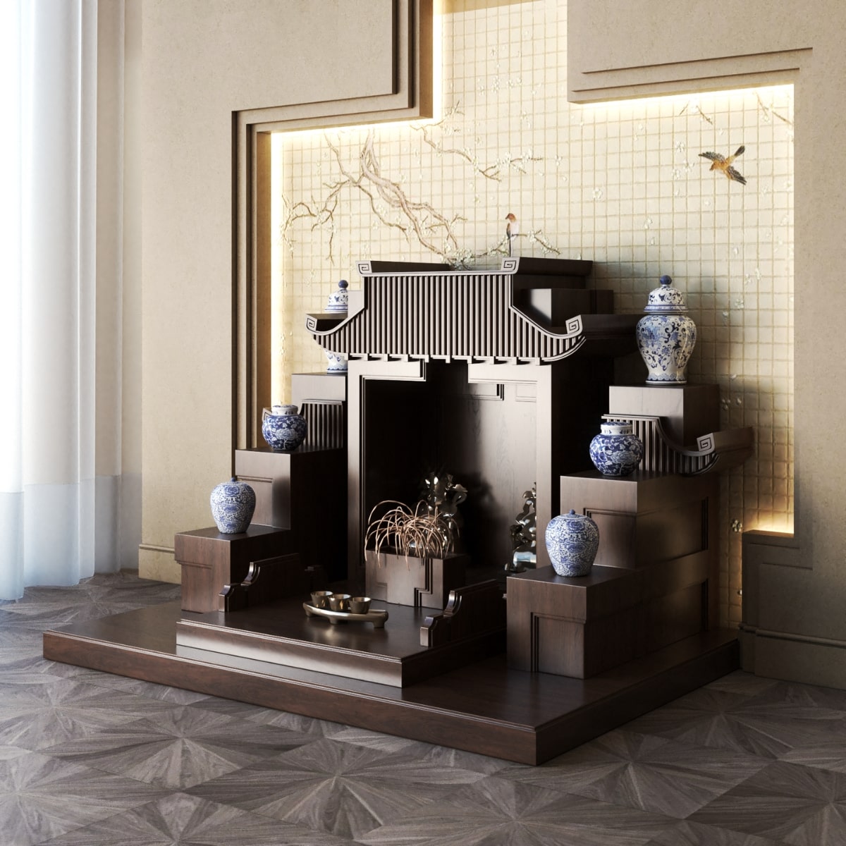 Khung cảnh bàn thờ tam cấp mãn đường nâu bách 1