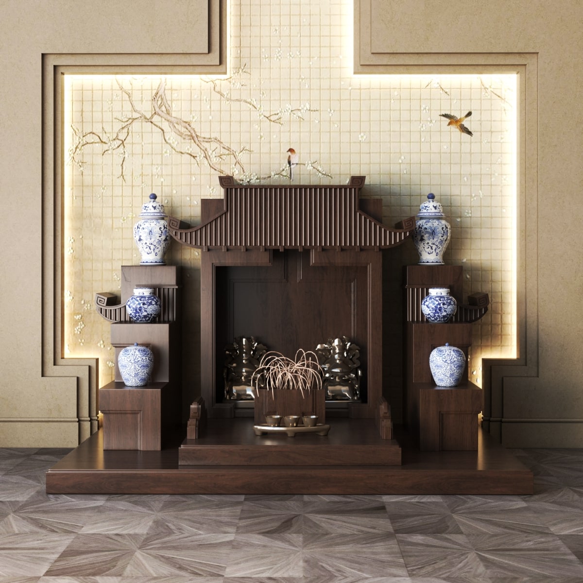 Khung cảnh bàn thờ tam cấp mãn đường nâu bách