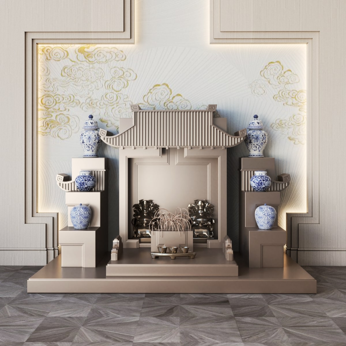 Khung cảnh bàn thờ tam cấp mãn đường nâu kim 1