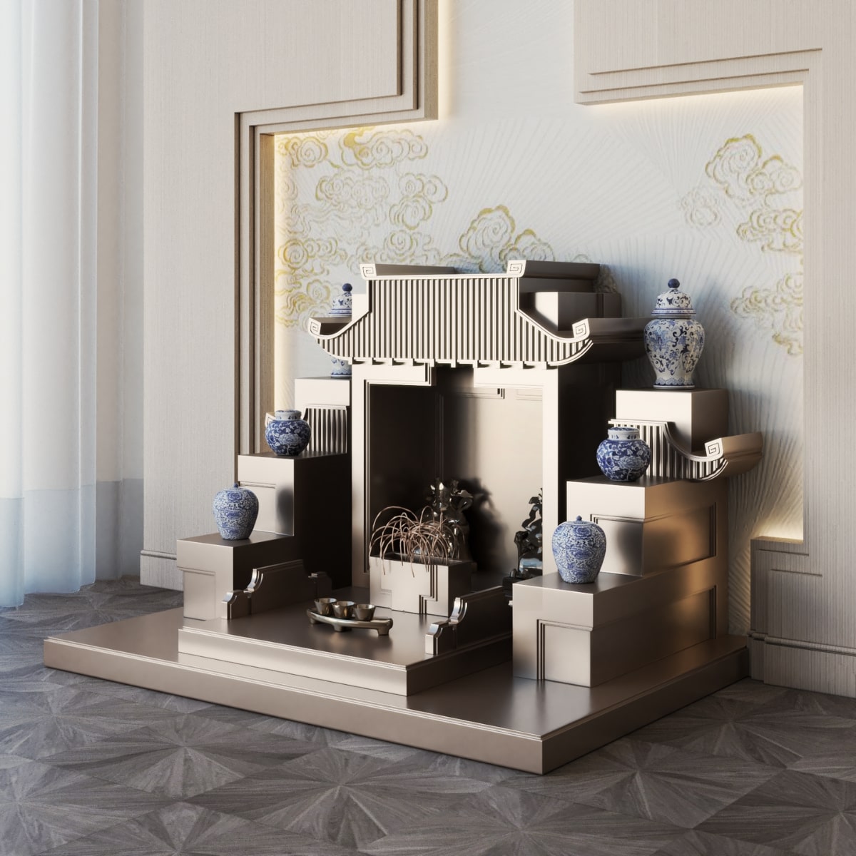 Khung cảnh bàn thờ tam cấp mãn đường nâu kim