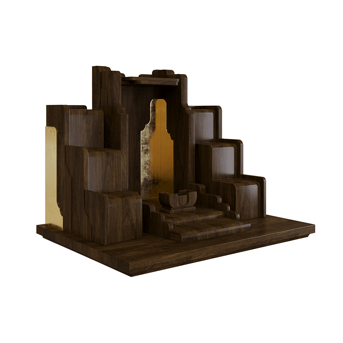 Bàn thờ tam cấp dát vàng Nghinh Sơn màu nâu bách 2