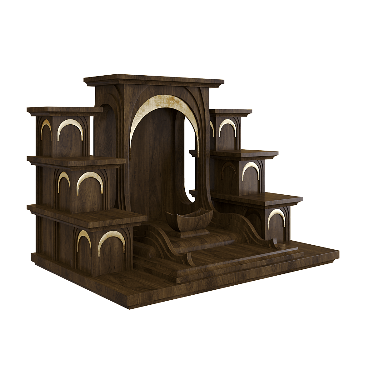 Bàn thờ tam cấp dát vàng Nhật Quang màu nâu bách