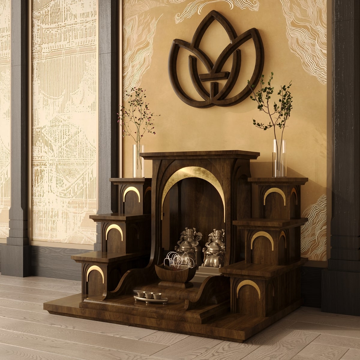 Bàn thờ tam cấp nhật quang dát vàng khung cảnh 10