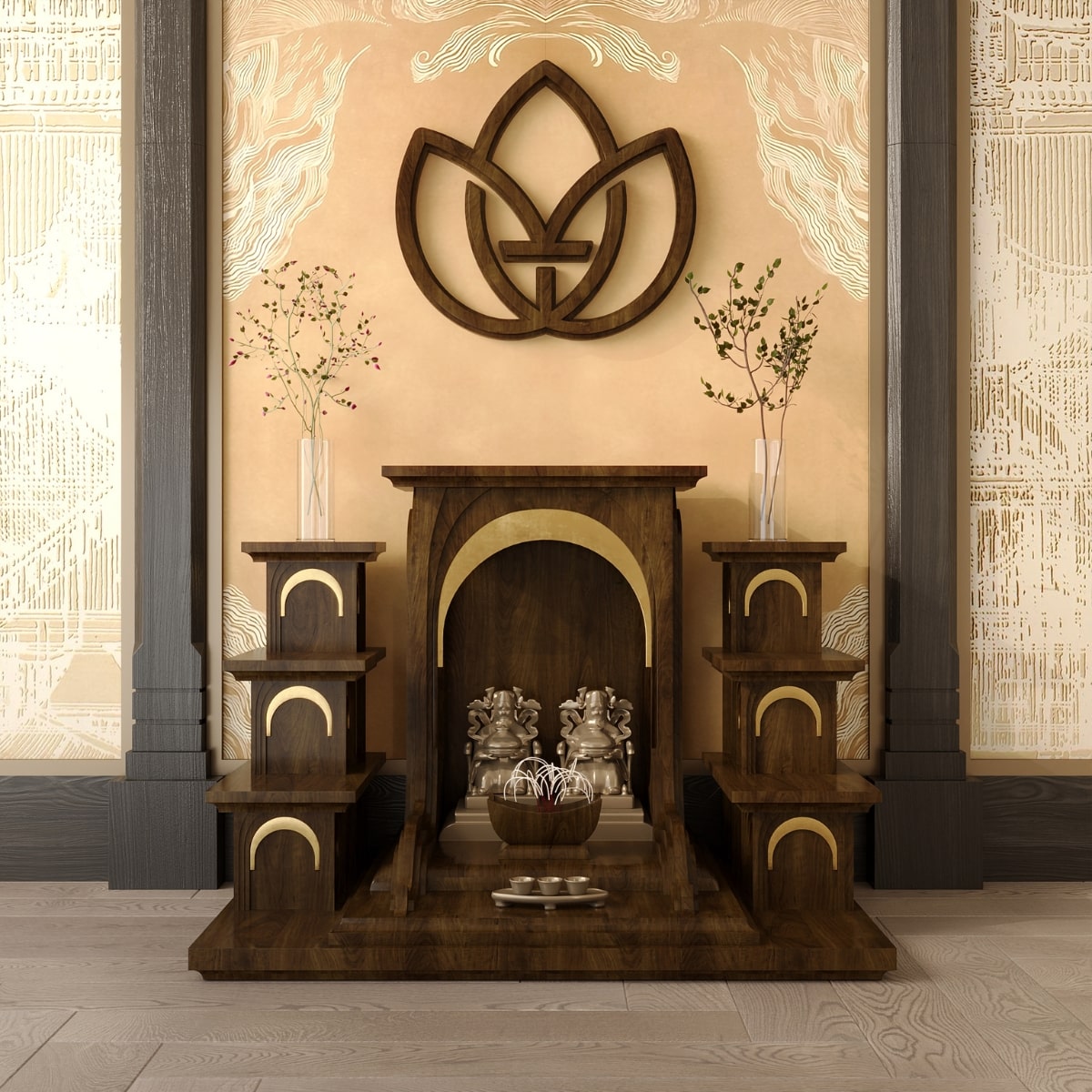 Bàn thờ tam cấp nhật quang dát vàng khung cảnh 11