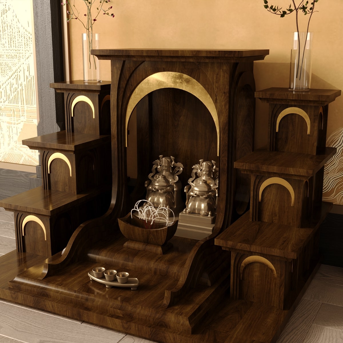 Bàn thờ tam cấp nhật quang dát vàng khung cảnh 12