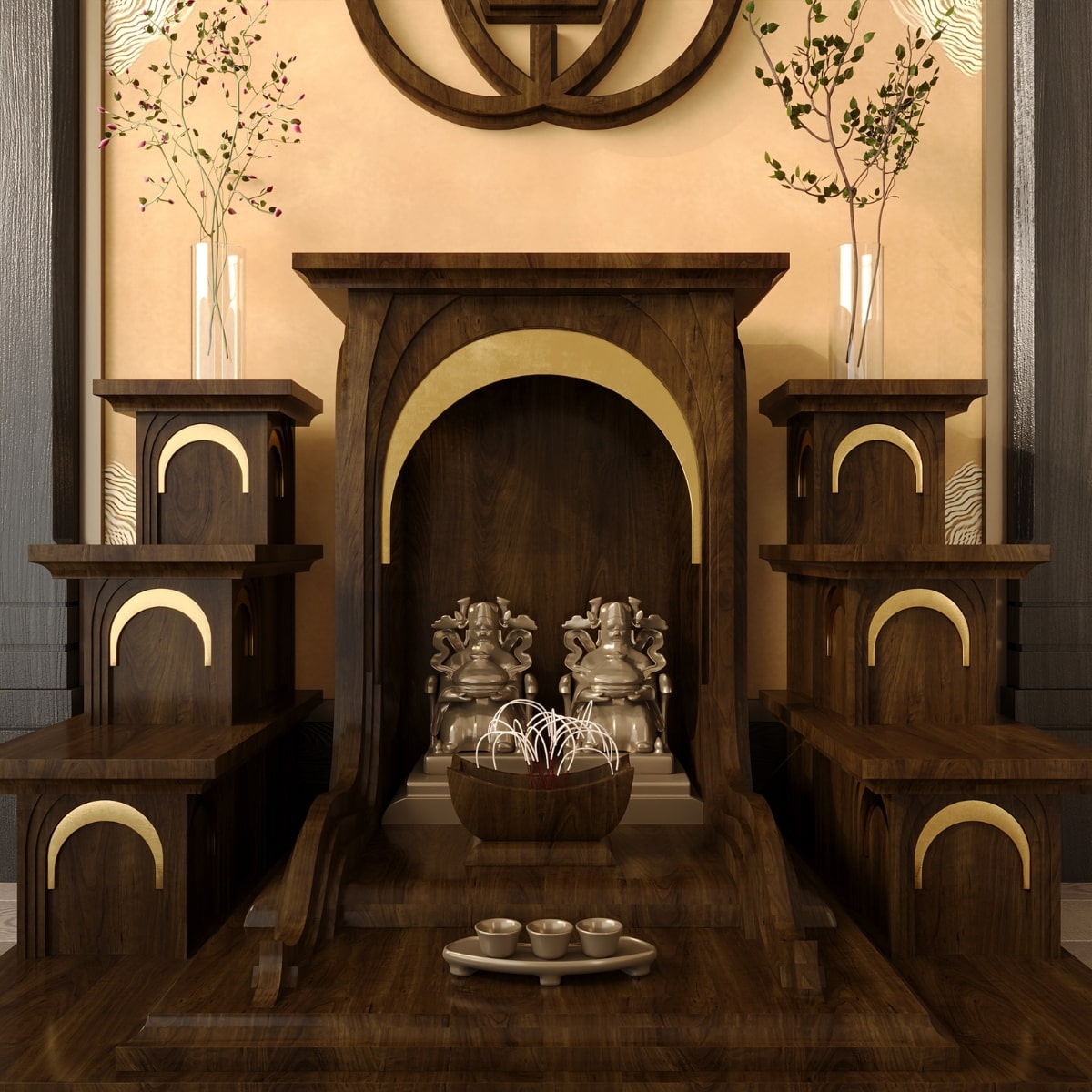 Bàn thờ tam cấp nhật quang dát vàng khung cảnh 13